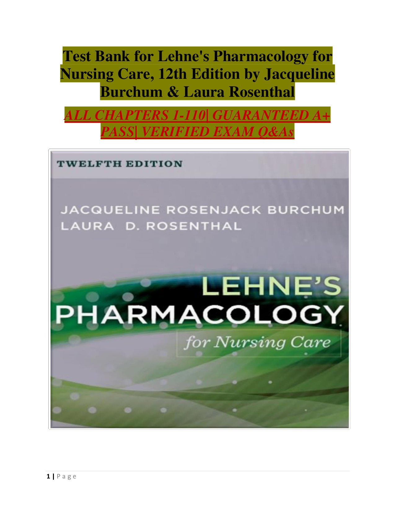 Lehne's Pharmacology for Nursing Care, 12th Edition Test Bank