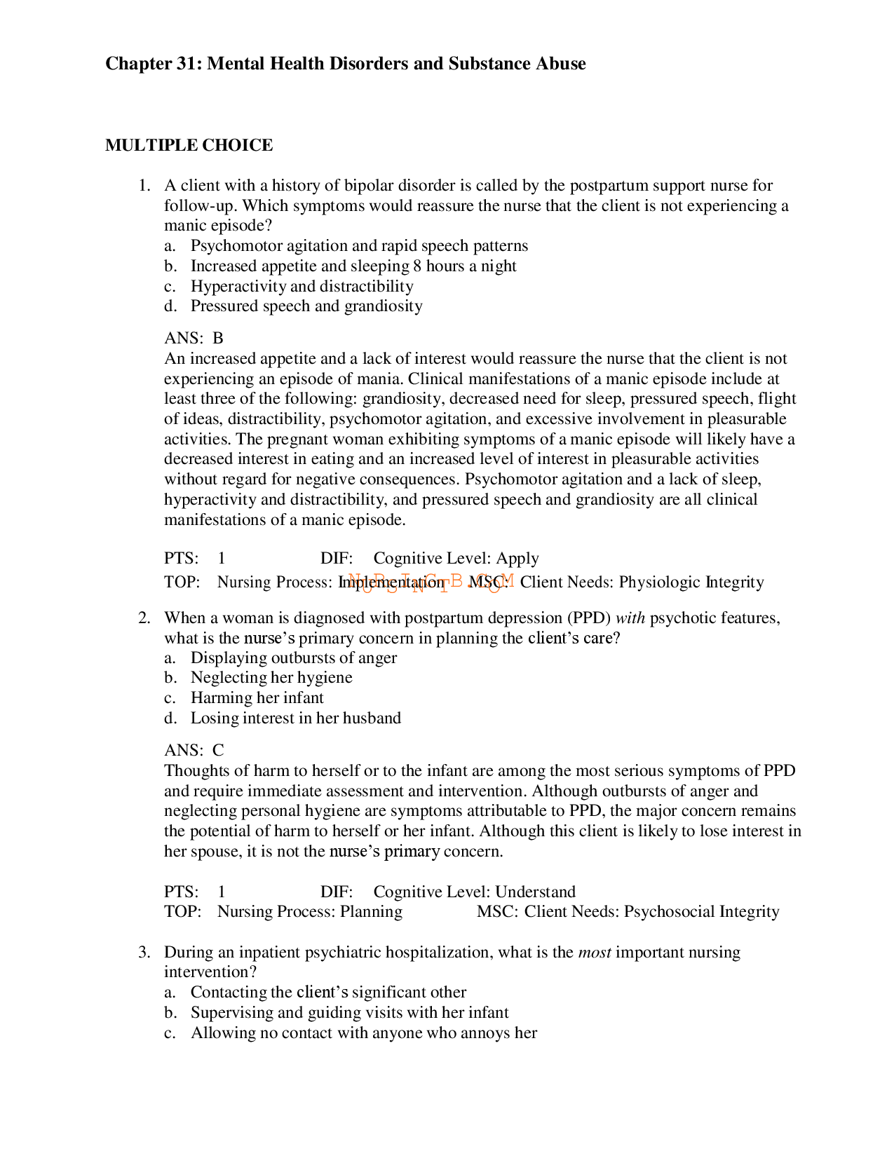Mental Health Disorders and Substance Abuse Test Bank