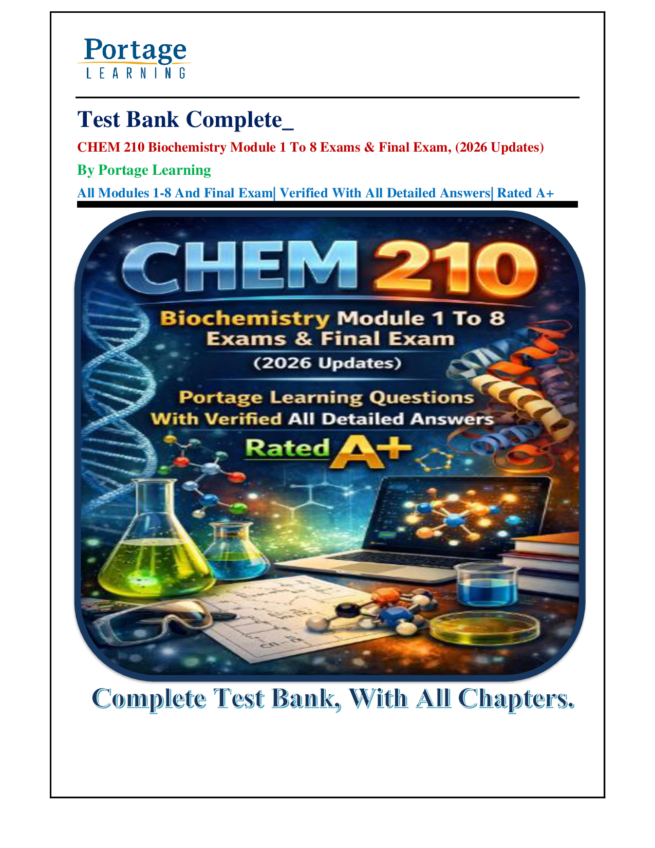 Portage Learning CHEM 210 Biochemistry Modules 1-8 and Final Exam Test Bank