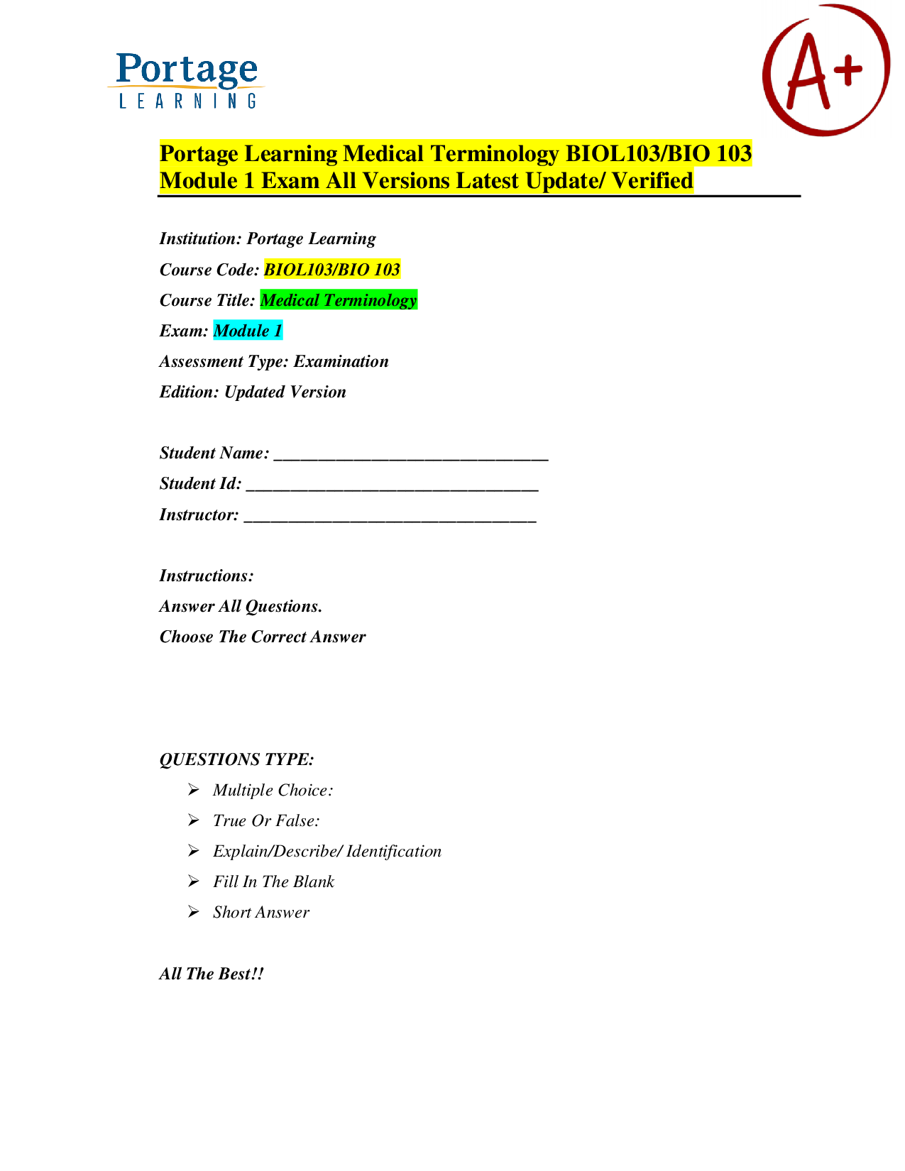 Portage Learning BIOL103 Medical Terminology Module 1 Exam