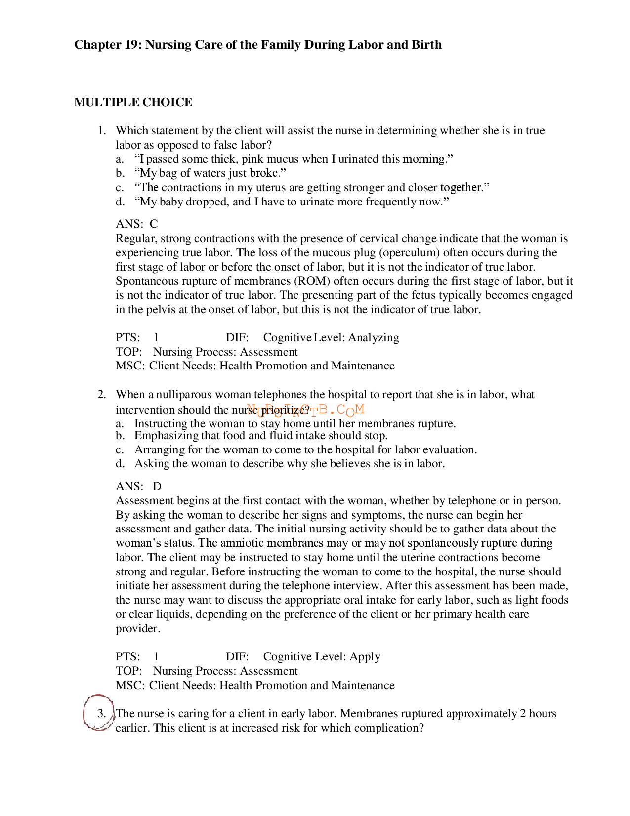 Nursing Care of the Family During Labor and Birth Chapter 19 Test Bank