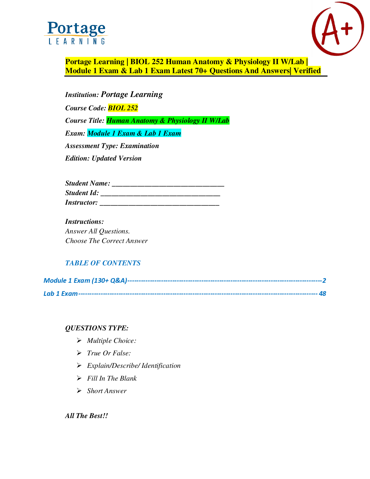 Portage Learning BIOL 252 Human Anatomy & Physiology II Module 1 & Lab 1 Exam