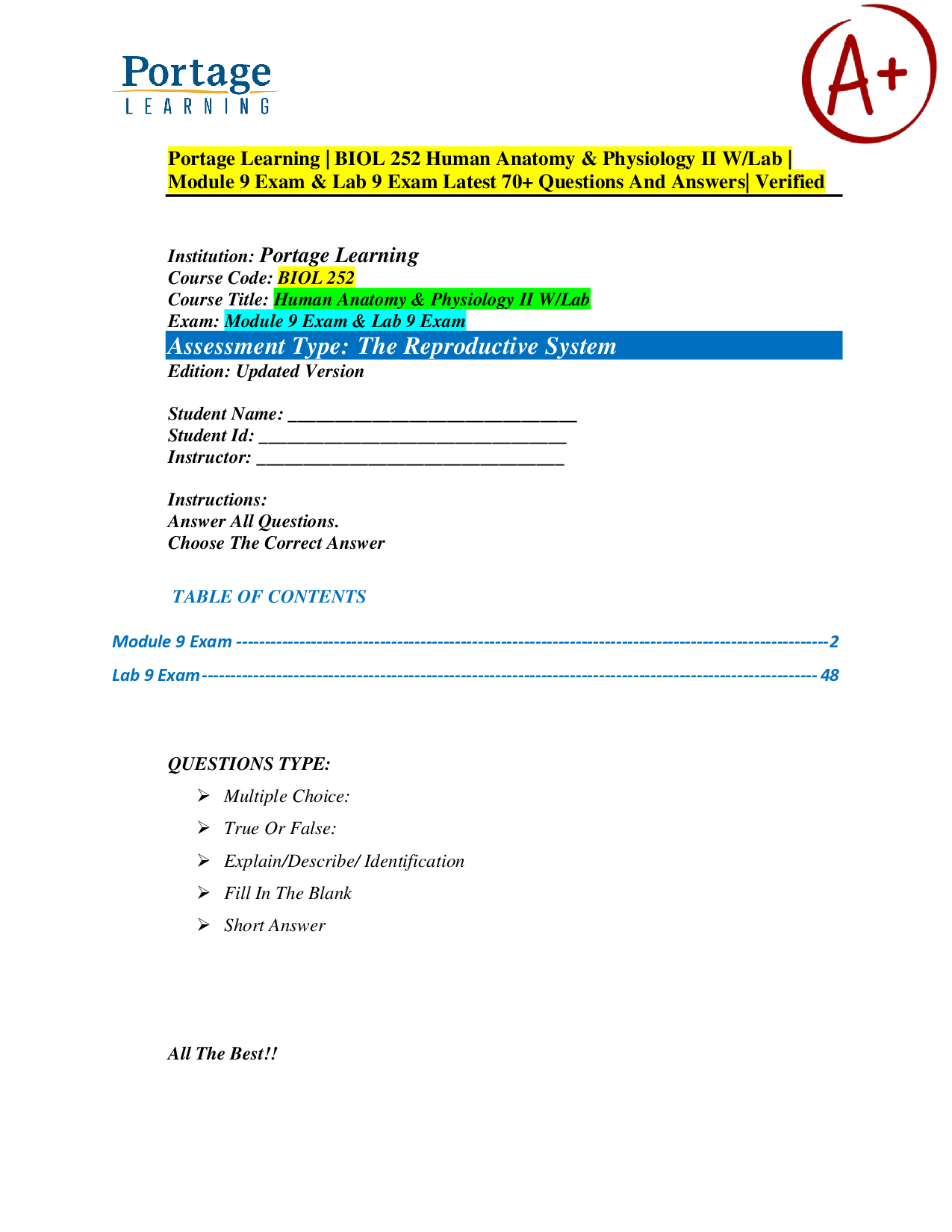 Portage Learning BIOL 252 Human Anatomy & Physiology II Module 9 Exam & Lab 9 Exam
