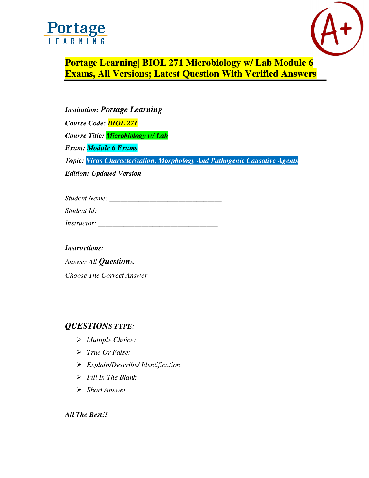 Portage Learning BIOL 271 Microbiology Module 6 Exam