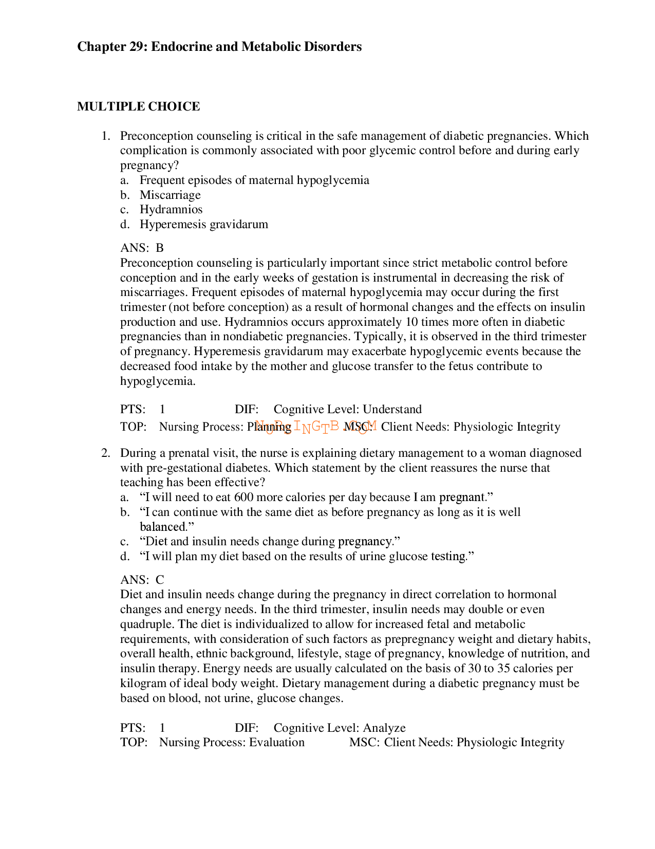 Endocrine and Metabolic Disorders in Pregnancy Test Bank