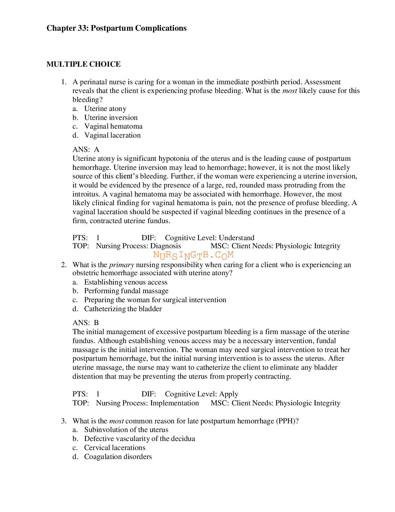 Maternity Nursing: Postpartum Complications Test Bank