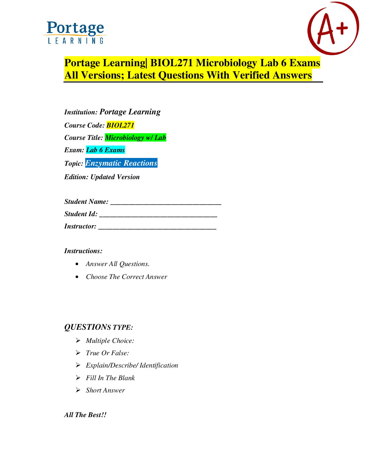 Portage Learning BIOL271 Microbiology Lab 6: Enzymatic Reactions Exam