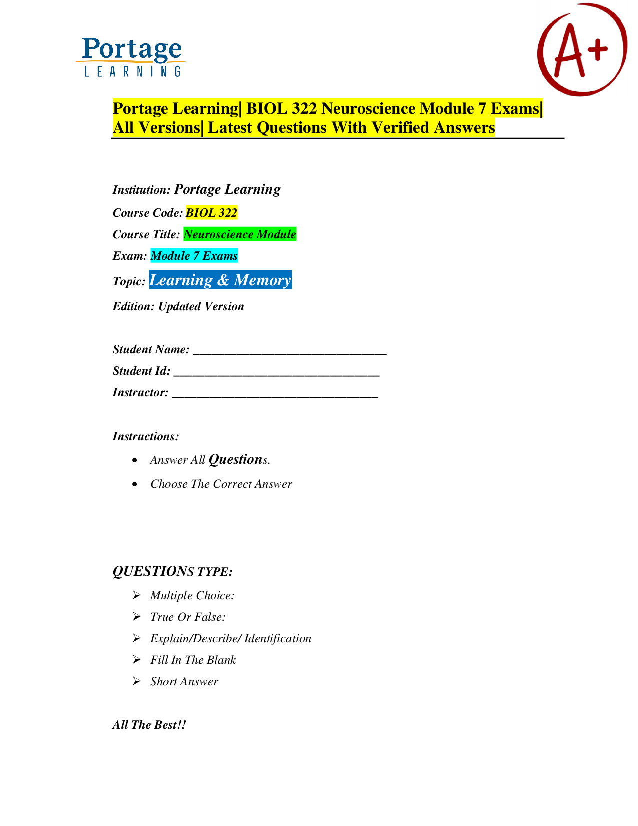 Portage Learning BIOL 322 Neuroscience Module 7: Learning & Memory Exam Questions