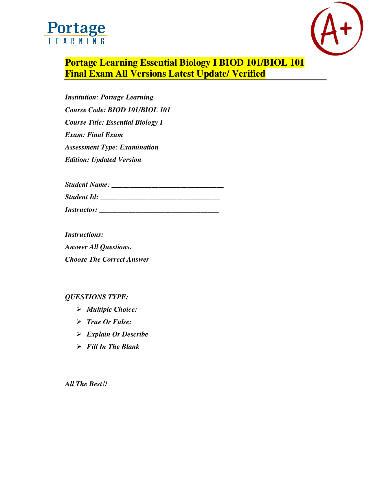 Portage Learning Essential Biology I (BIOD 101) Final Exam