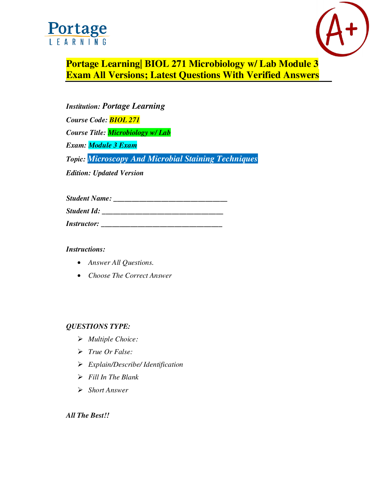 Portage Learning BIOL 271 Microbiology Module 3 Exam