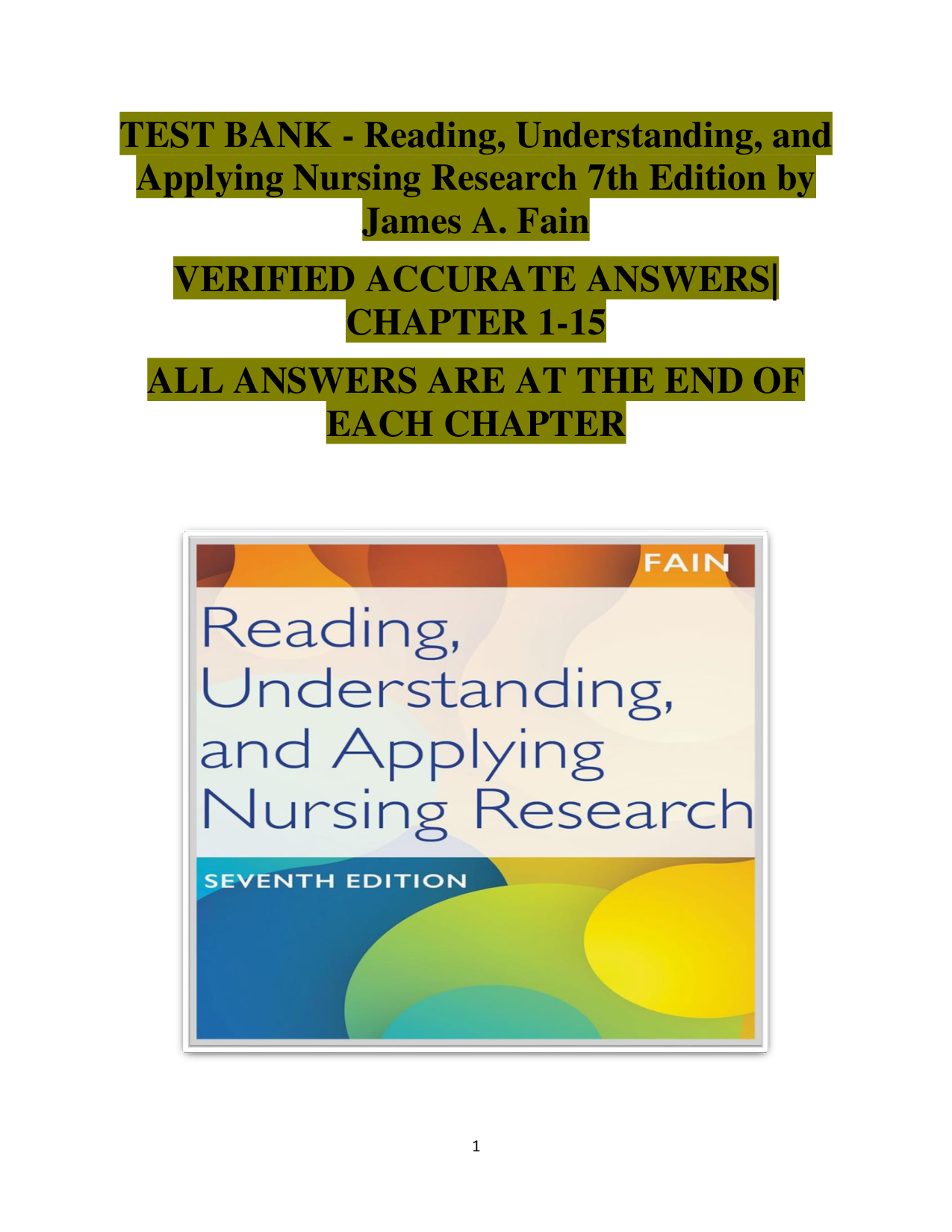Reading, Understanding, and Applying Nursing Research, 7th Edition Test Bank