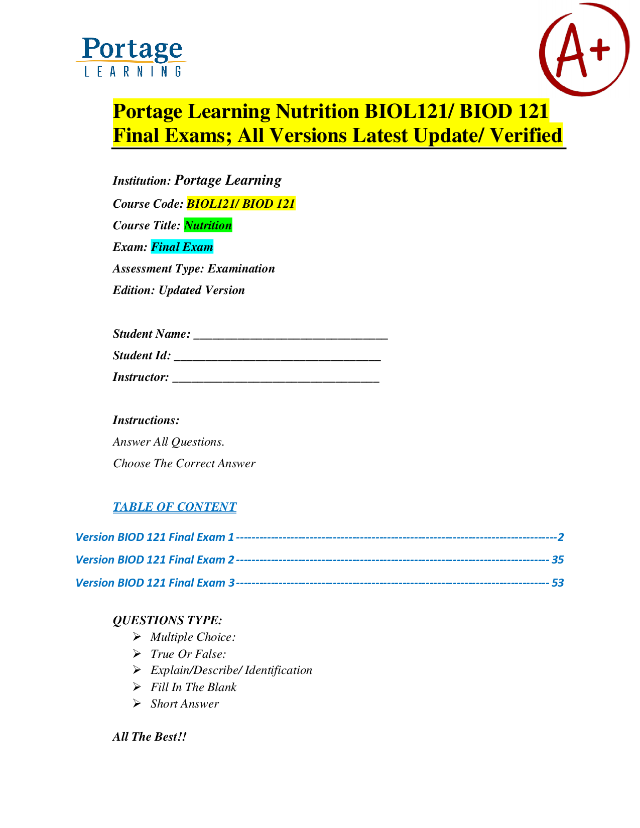 Portage Learning Nutrition BIOL121/BIOD121 Final Exam Study Guide