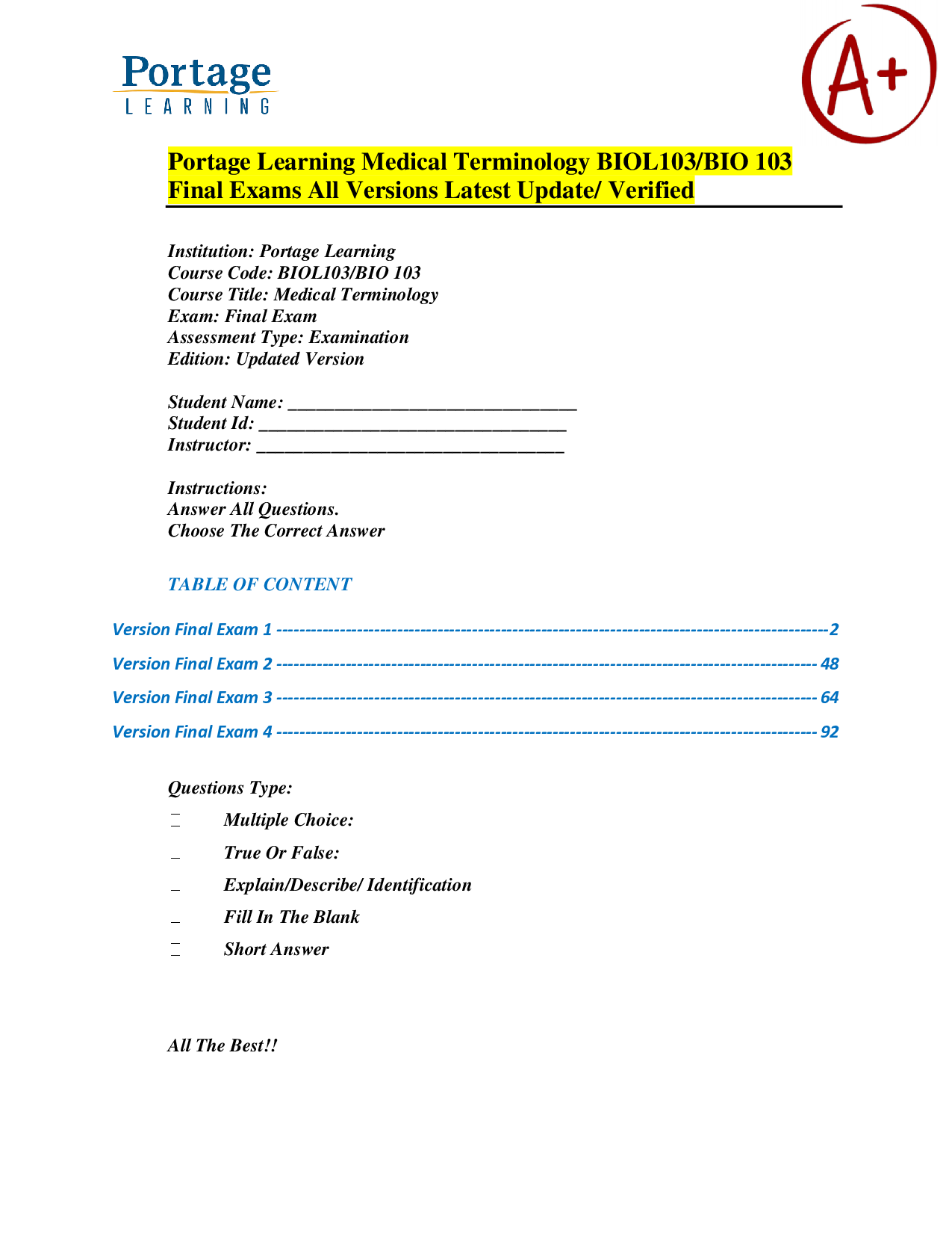 Portage Learning BIOL103 Medical Terminology Final Exam Pack