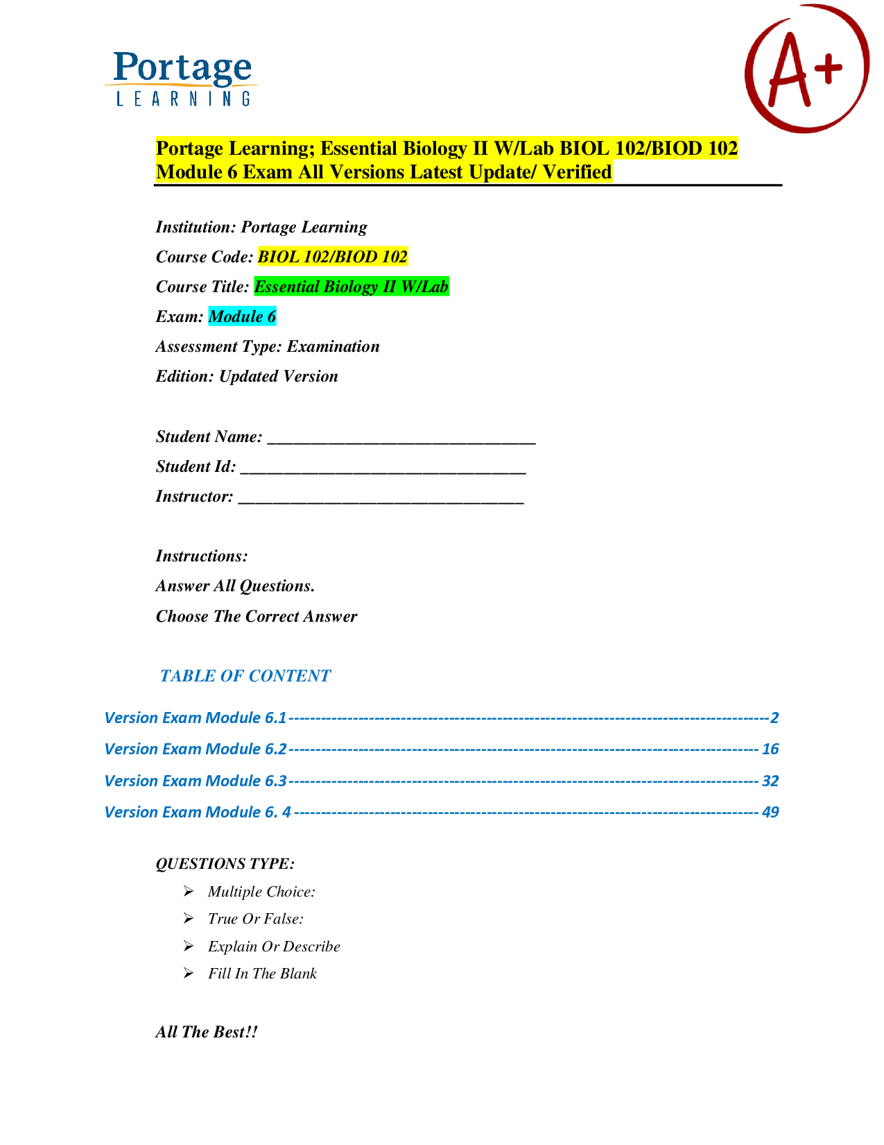 Portage Learning BIOL 102: Essential Biology II Module 6 Exam