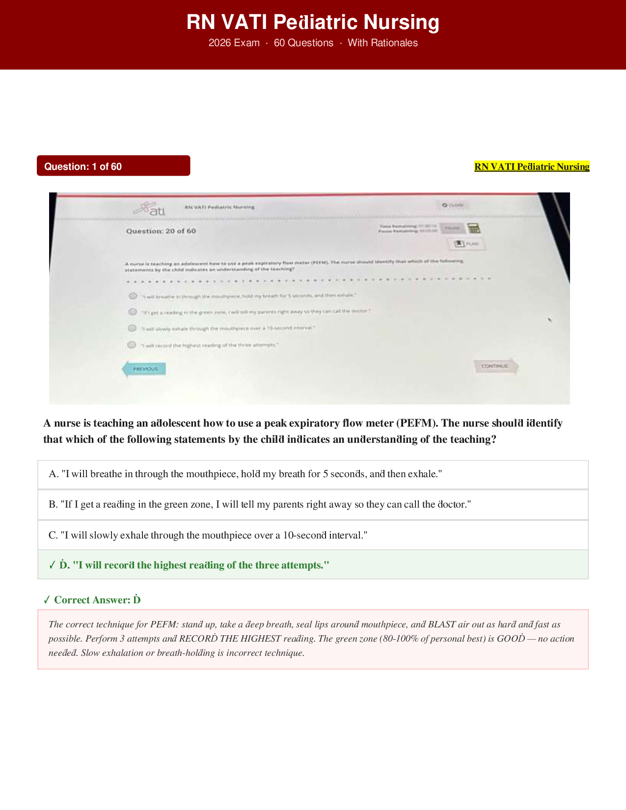 RN VATI Pediatric Nursing Exam (2026-2027) Practice Questions