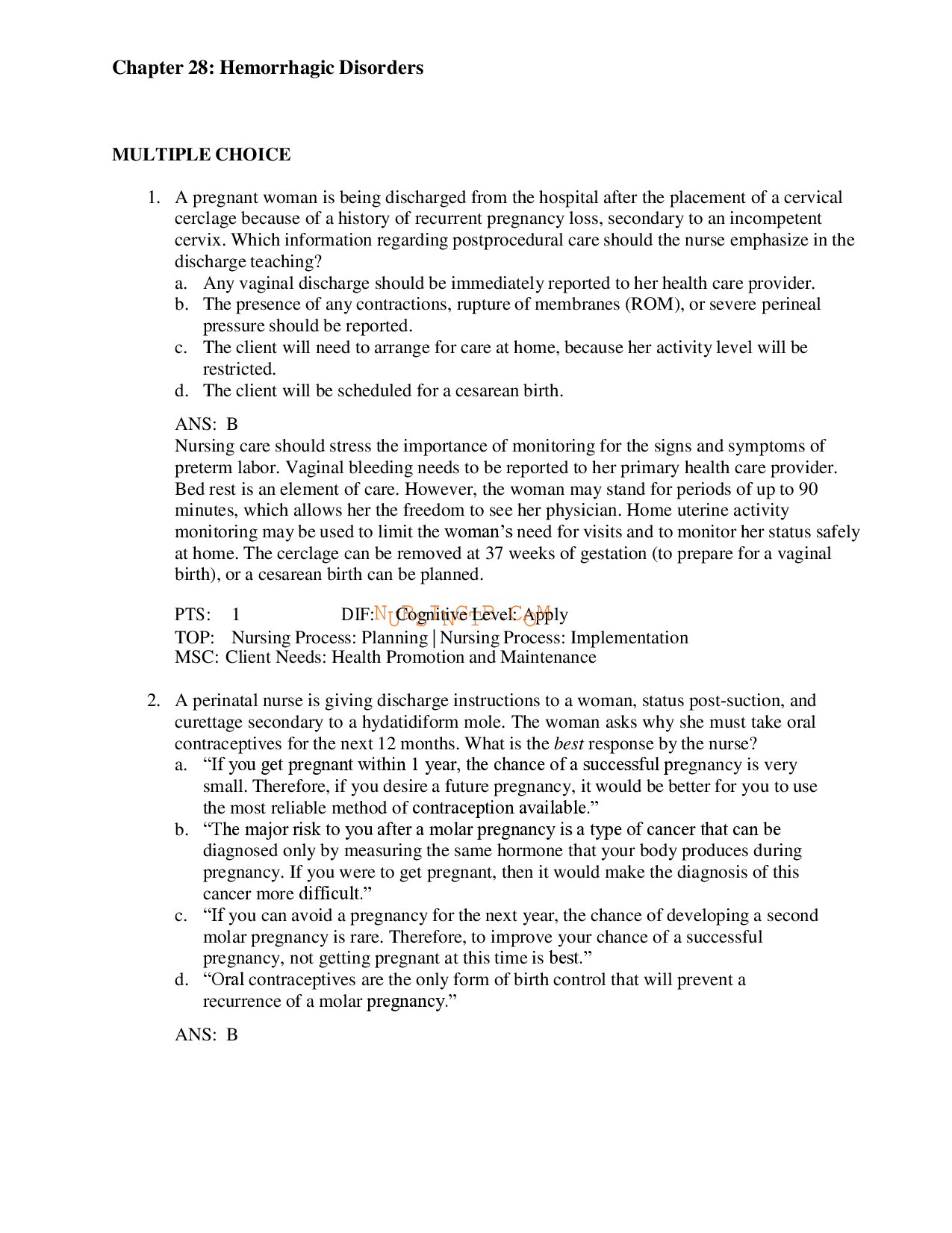 Maternity Nursing: Chapter 28 Hemorrhagic Disorders Test Bank