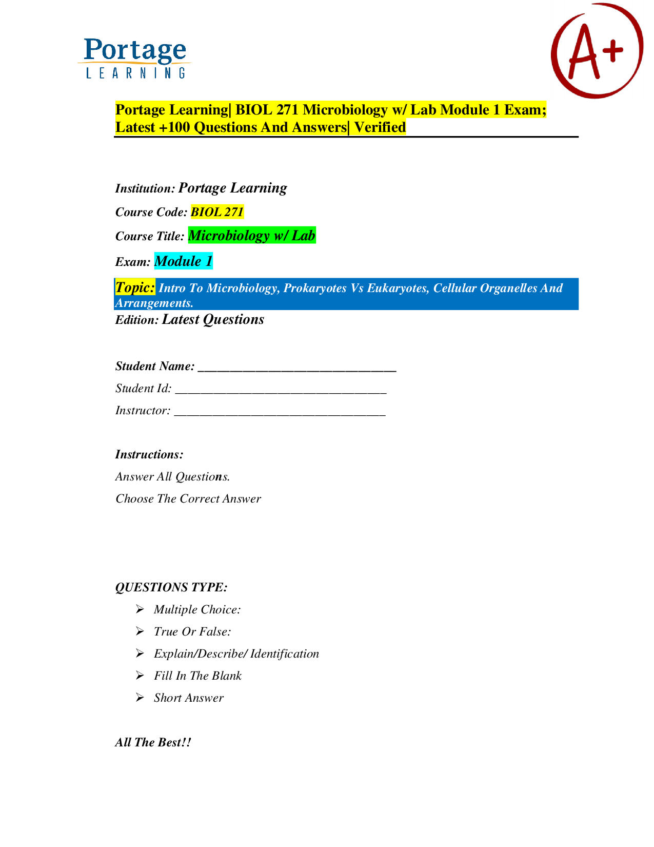 Portage Learning BIOL 271 Microbiology Module 1 Exam