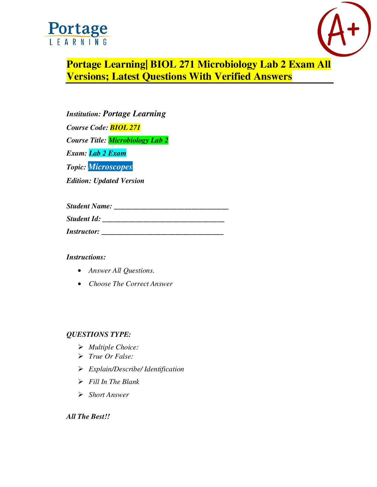 Portage Learning BIOL 271 Microbiology Lab 2 Exam: Microscopes