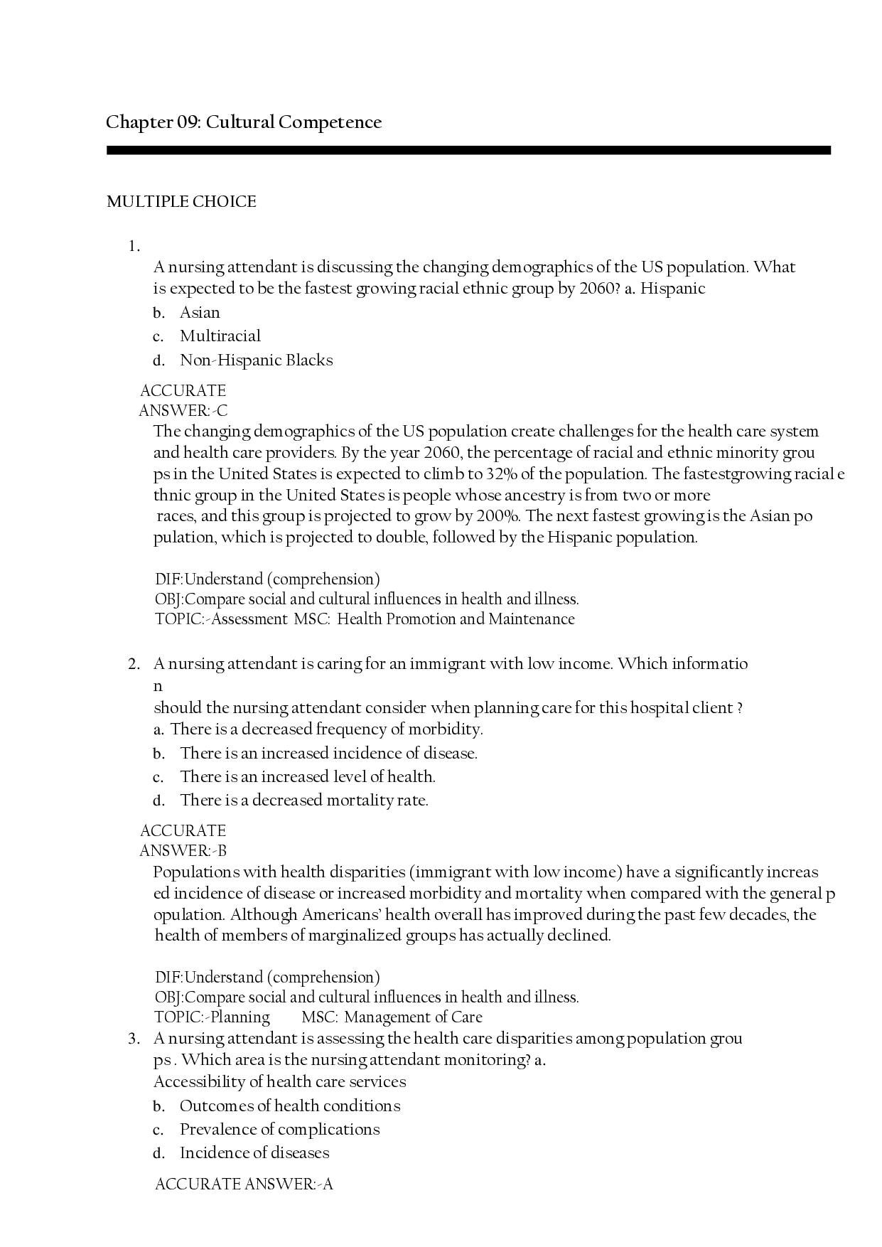 Cultural Competence in Nursing, Chapter 9 Test Bank