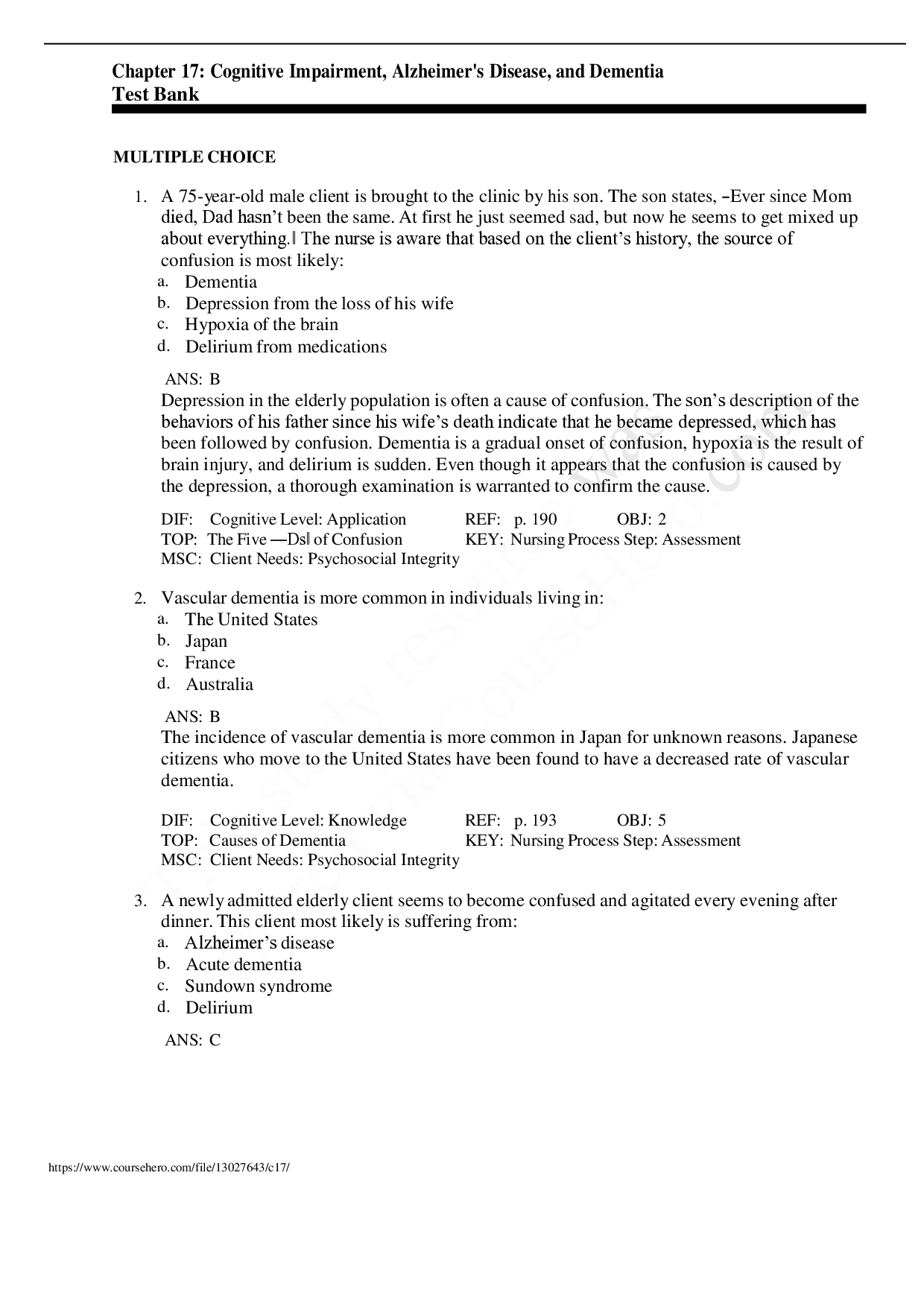 Cognitive Impairment, Alzheimer's Disease, and Dementia Test Bank