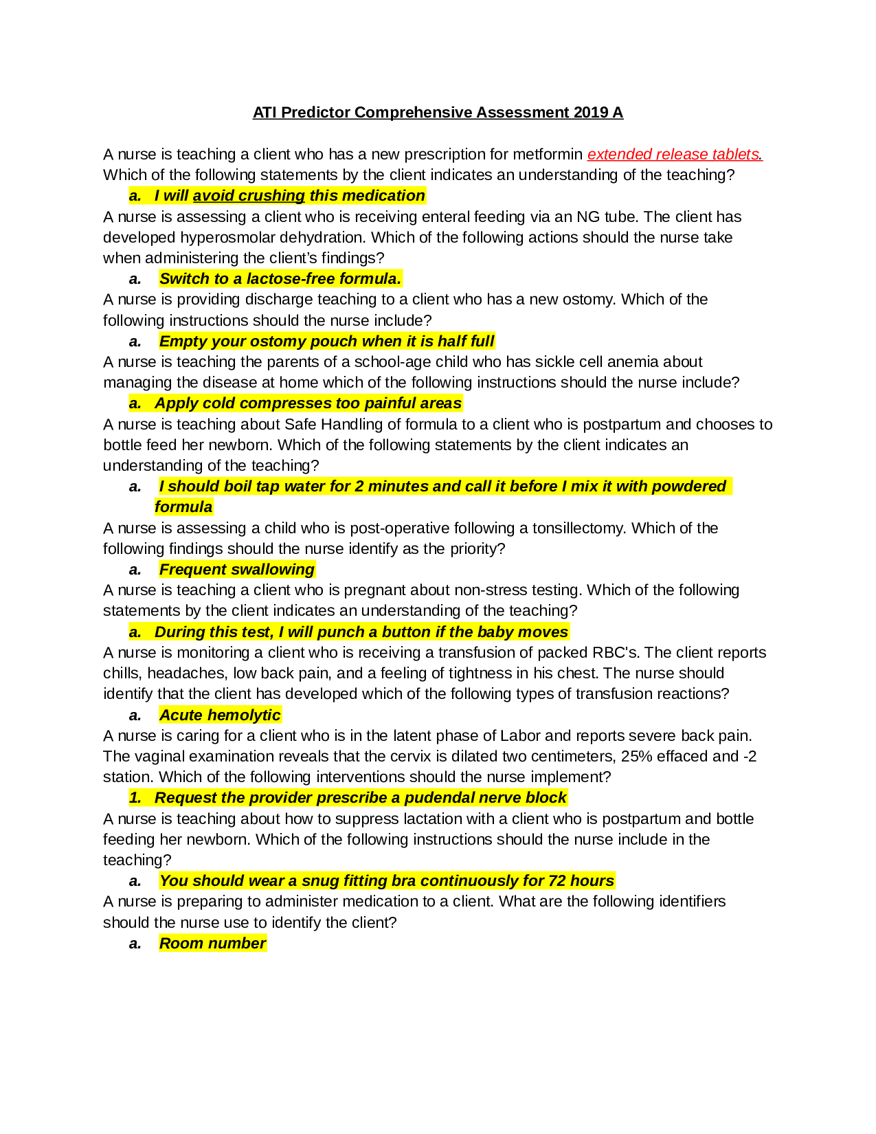 ATI RN Comprehensive Predictor 2019 Form A Practice Questions