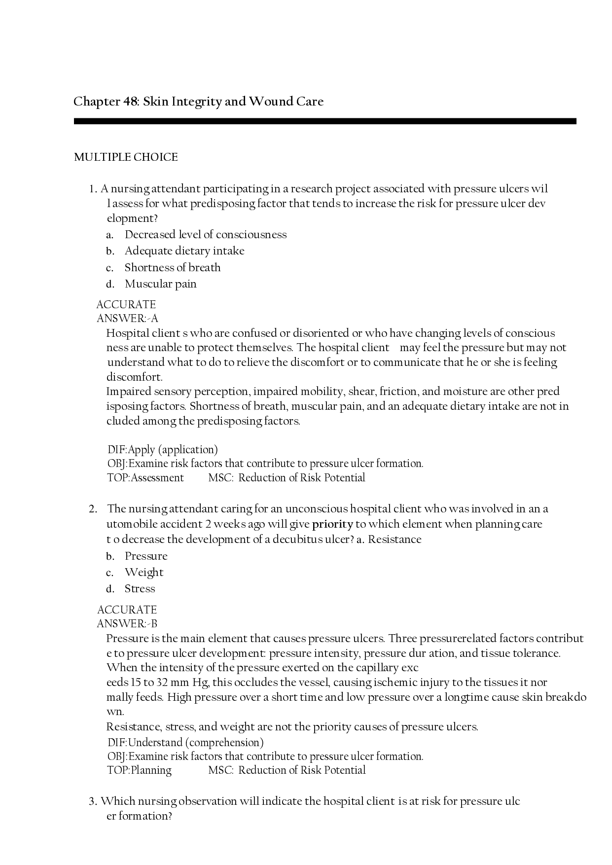 Skin Integrity and Wound Care Test Bank