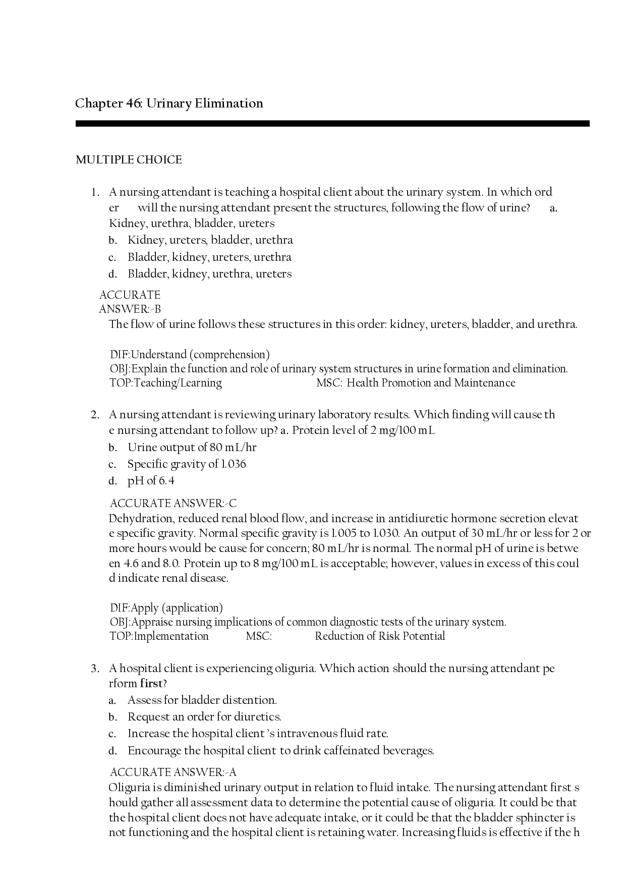 Urinary Elimination Chapter 46 Practice Questions