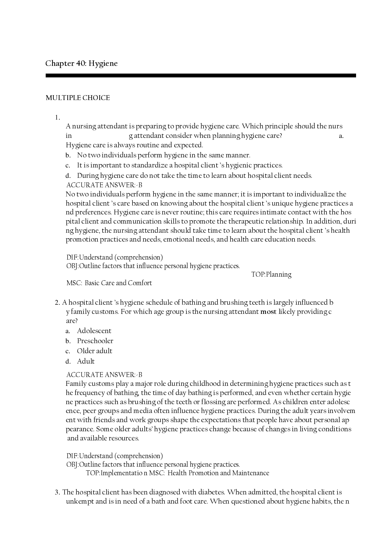Nursing Hygiene Practice Questions, Chapter 40