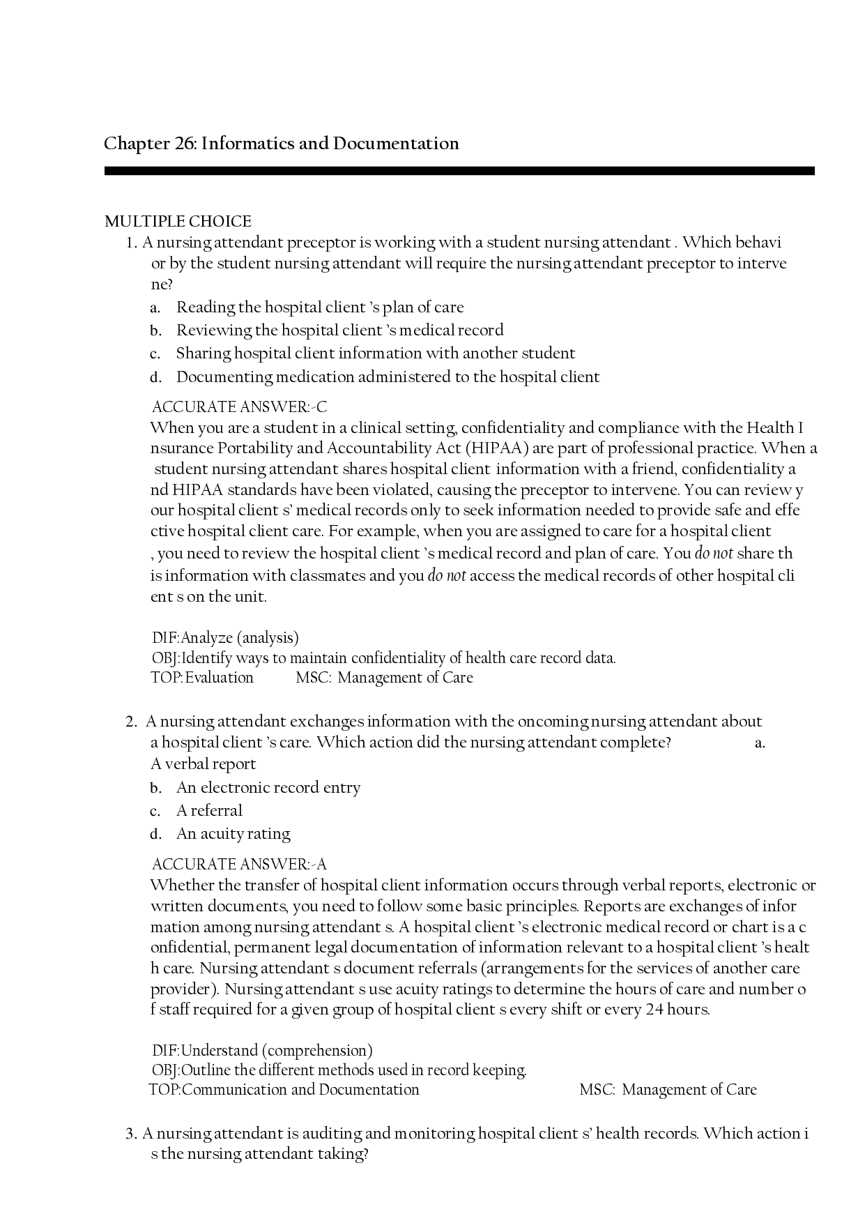 Informatics and Documentation, Chapter 26 Test Bank