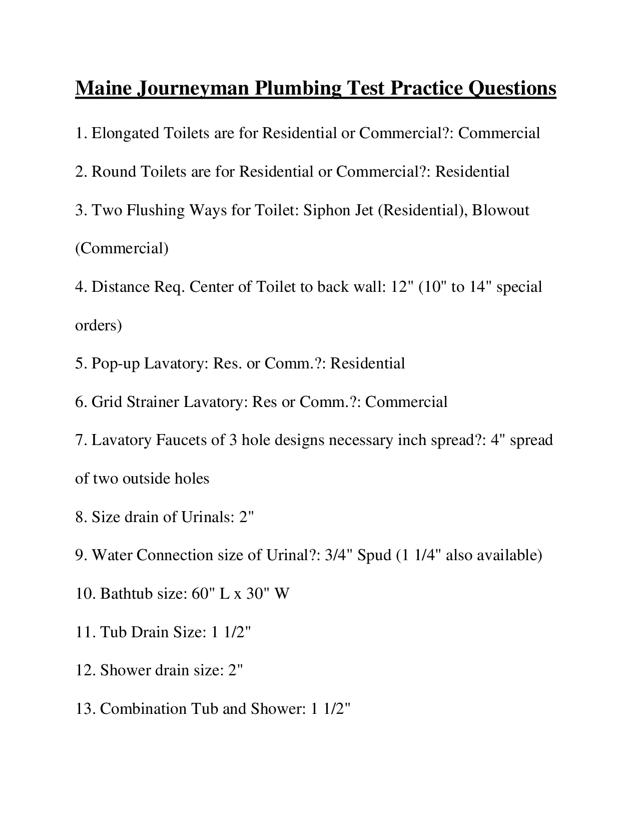 Maine Journeyman Plumbing Test Practice Questions