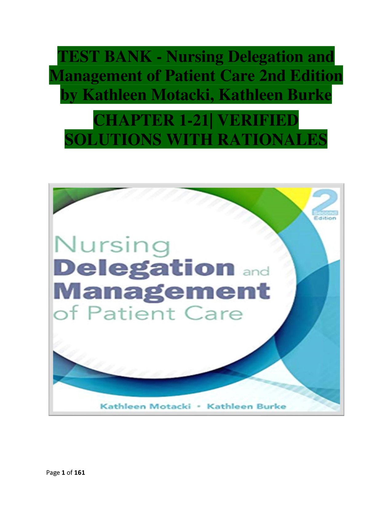 Nursing Delegation and Management of Patient Care, 2nd Edition Test Bank
