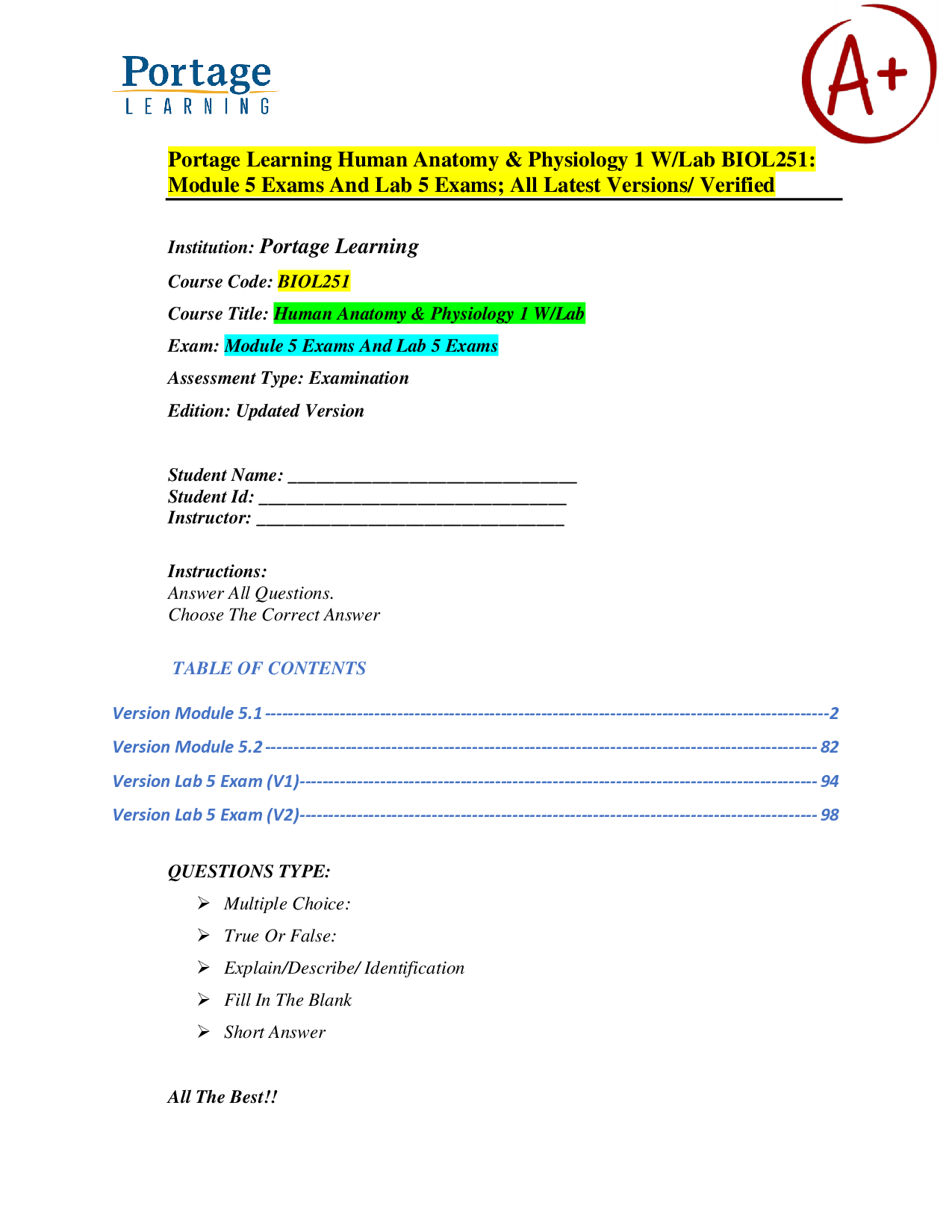 Portage Learning BIOL251 Human Anatomy & Physiology I: Module 5 and Lab 5 Exam Material