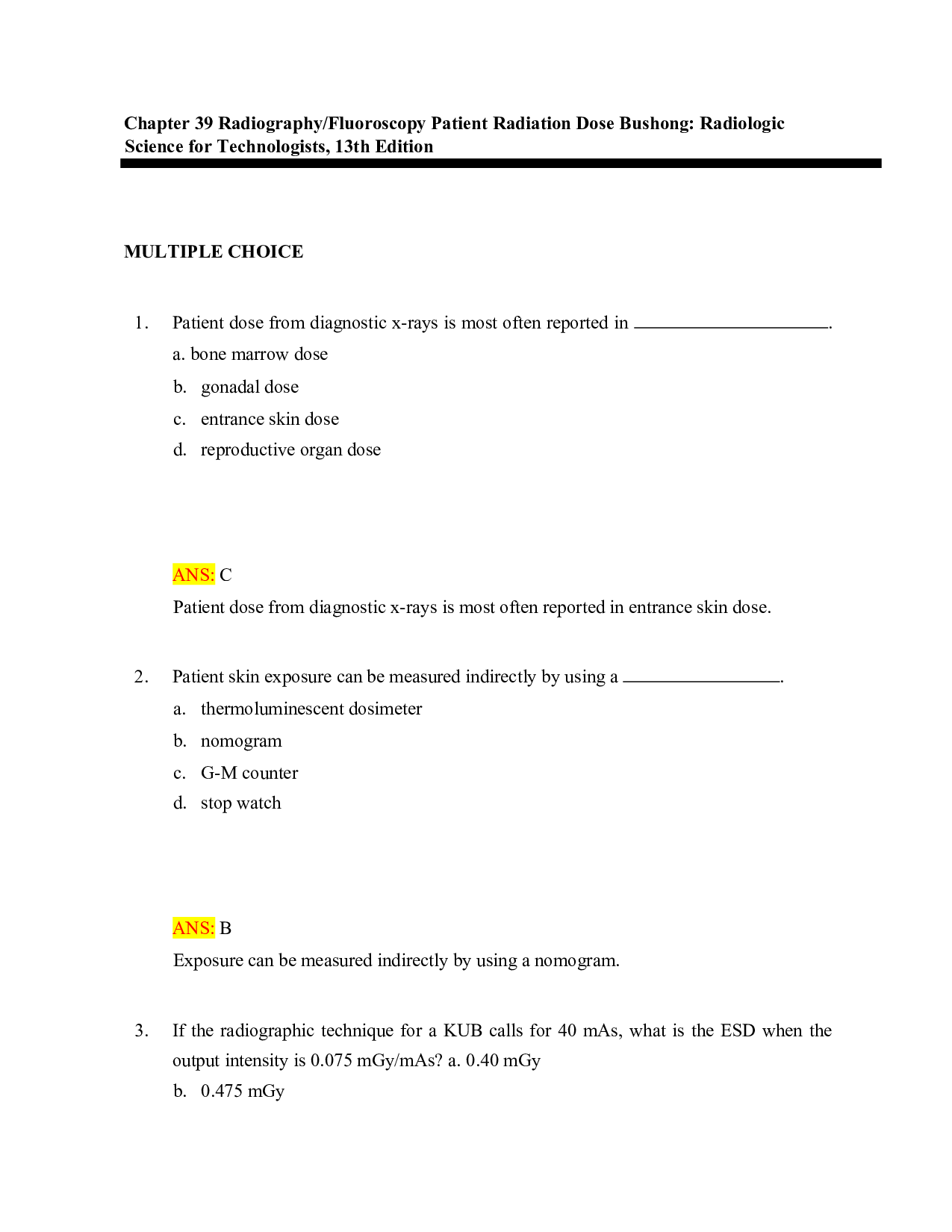 Radiologic Science for Technologists, 13th Edition Chapter 39 Test Bank
