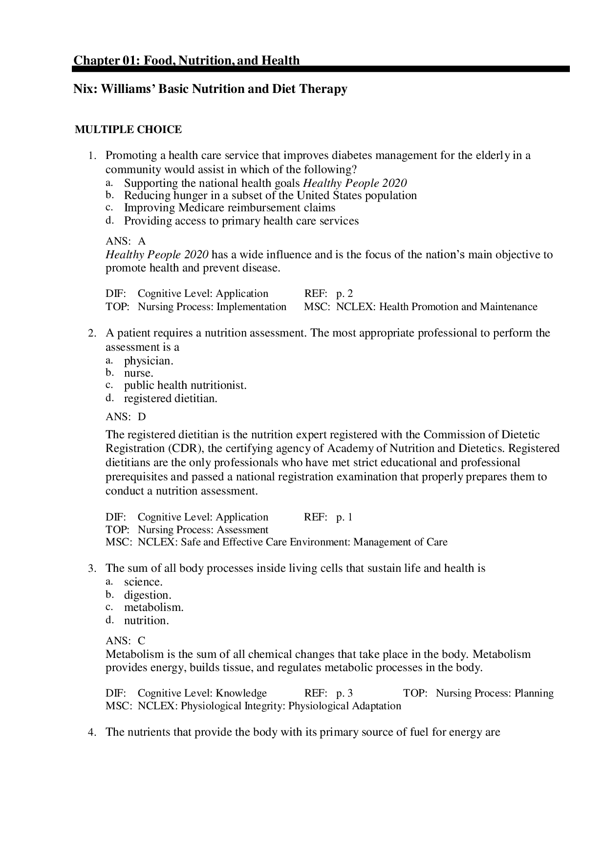 Williams' Basic Nutrition and Diet Therapy, 15th Edition Test Bank