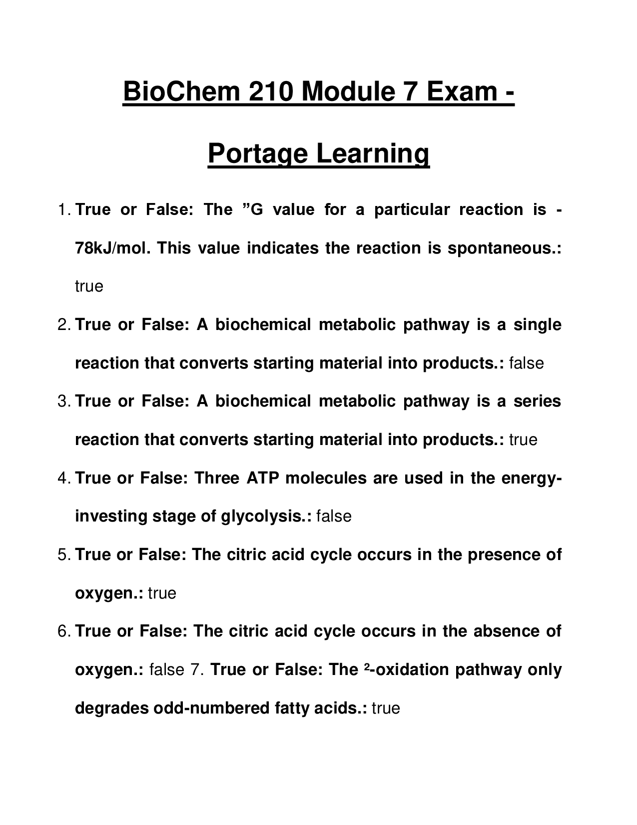 Portage Learning BioChem 210 Module 7 Exam