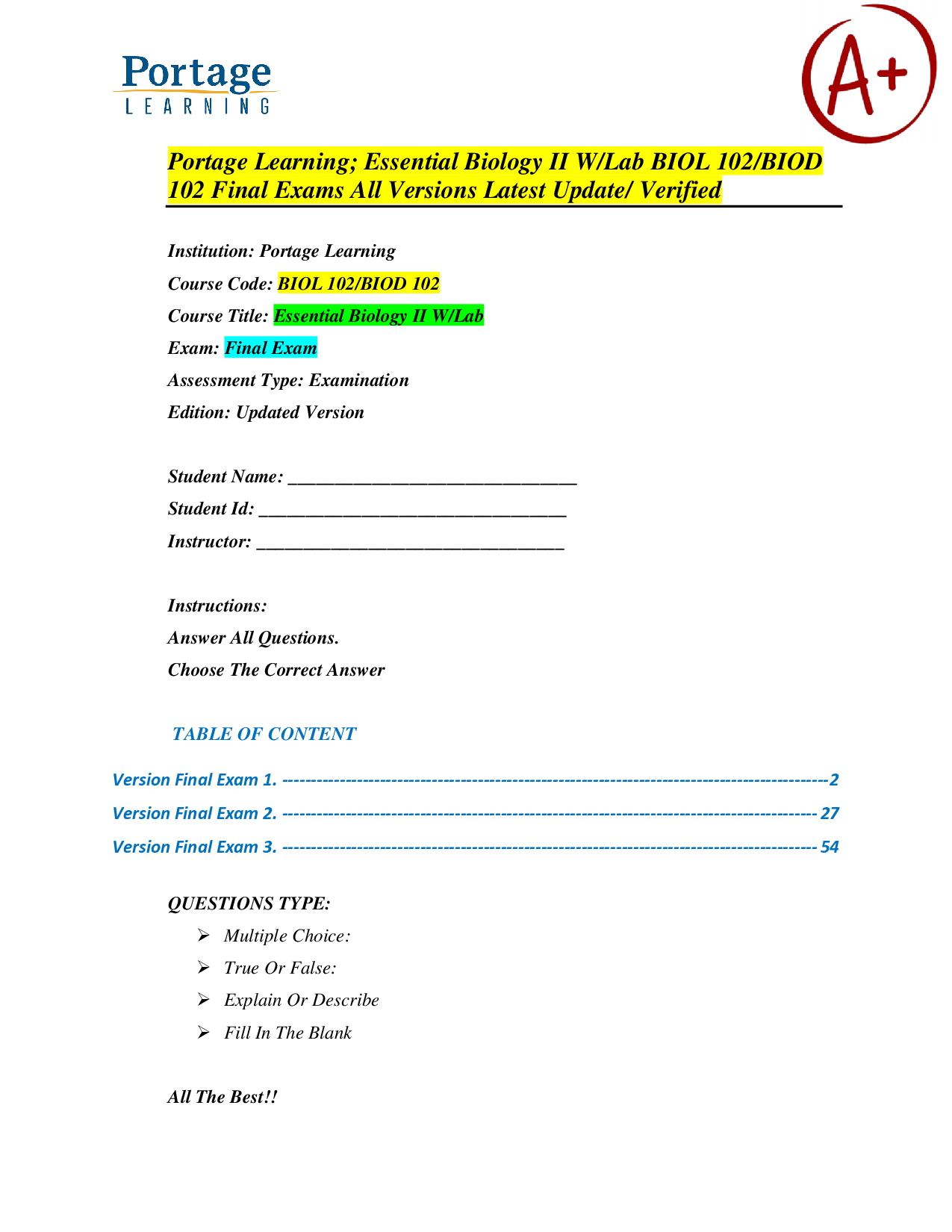 Portage Learning Essential Biology II (BIOL 102) Final Exam Study Pack