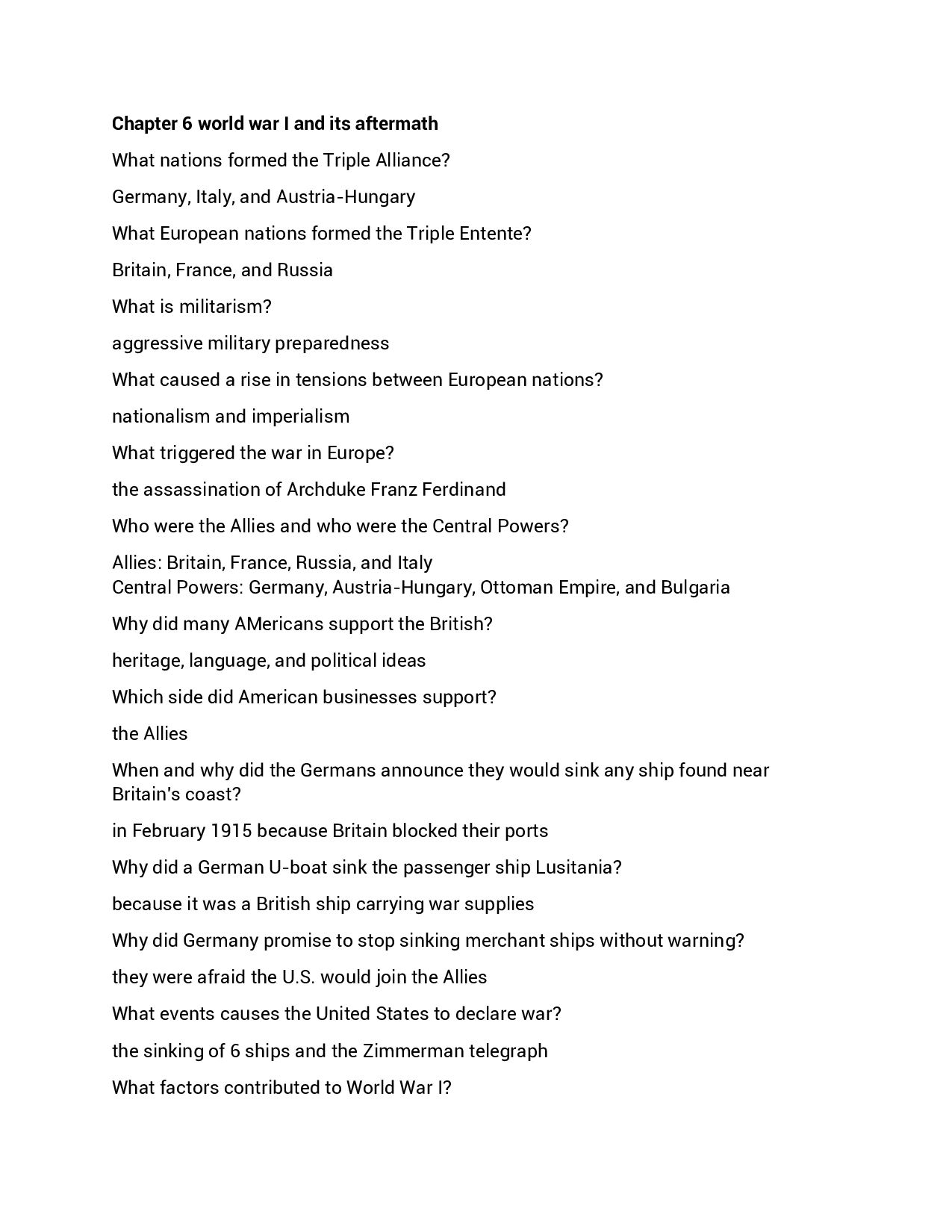 World War I and Its Aftermath Study Guide