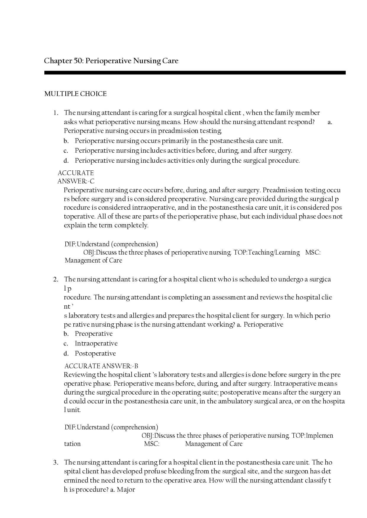 Perioperative Nursing Care Chapter 50 Test Bank