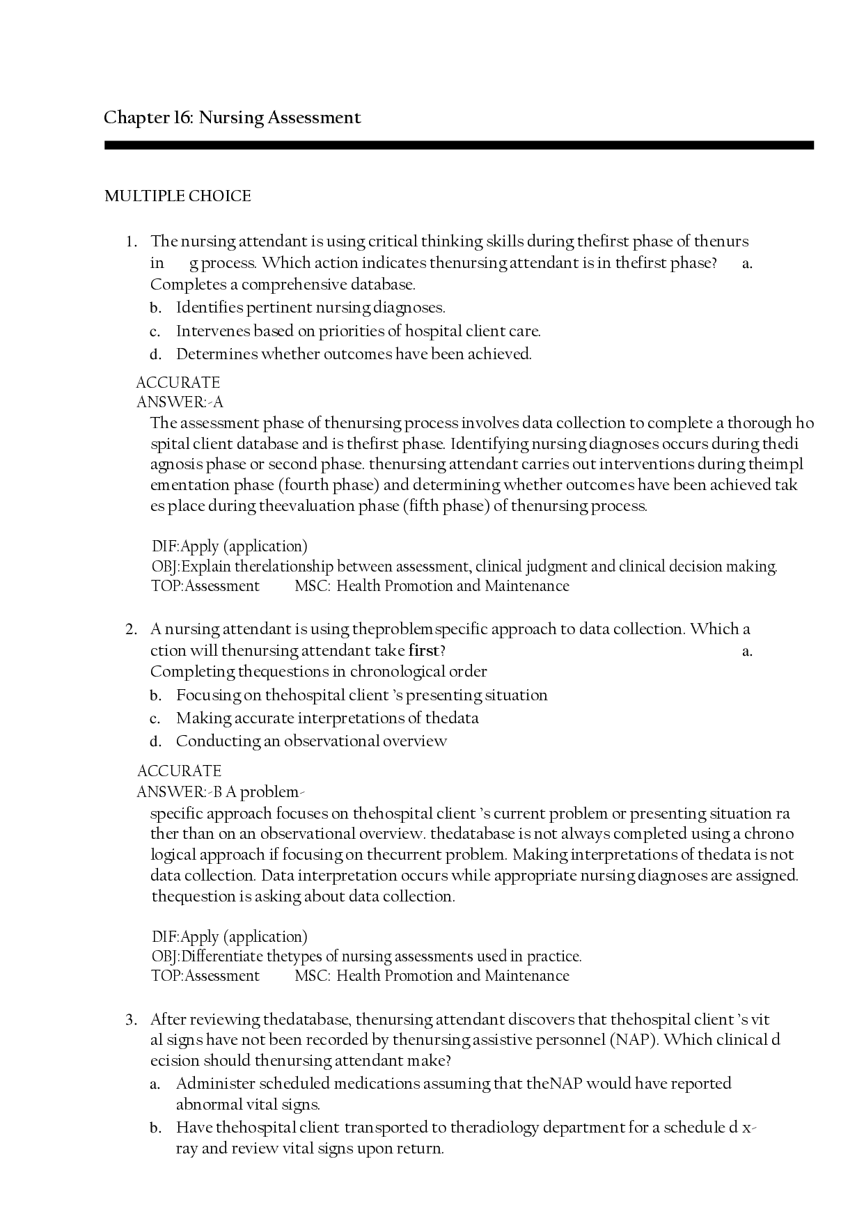 Nursing Assessment Chapter 16 Test Bank