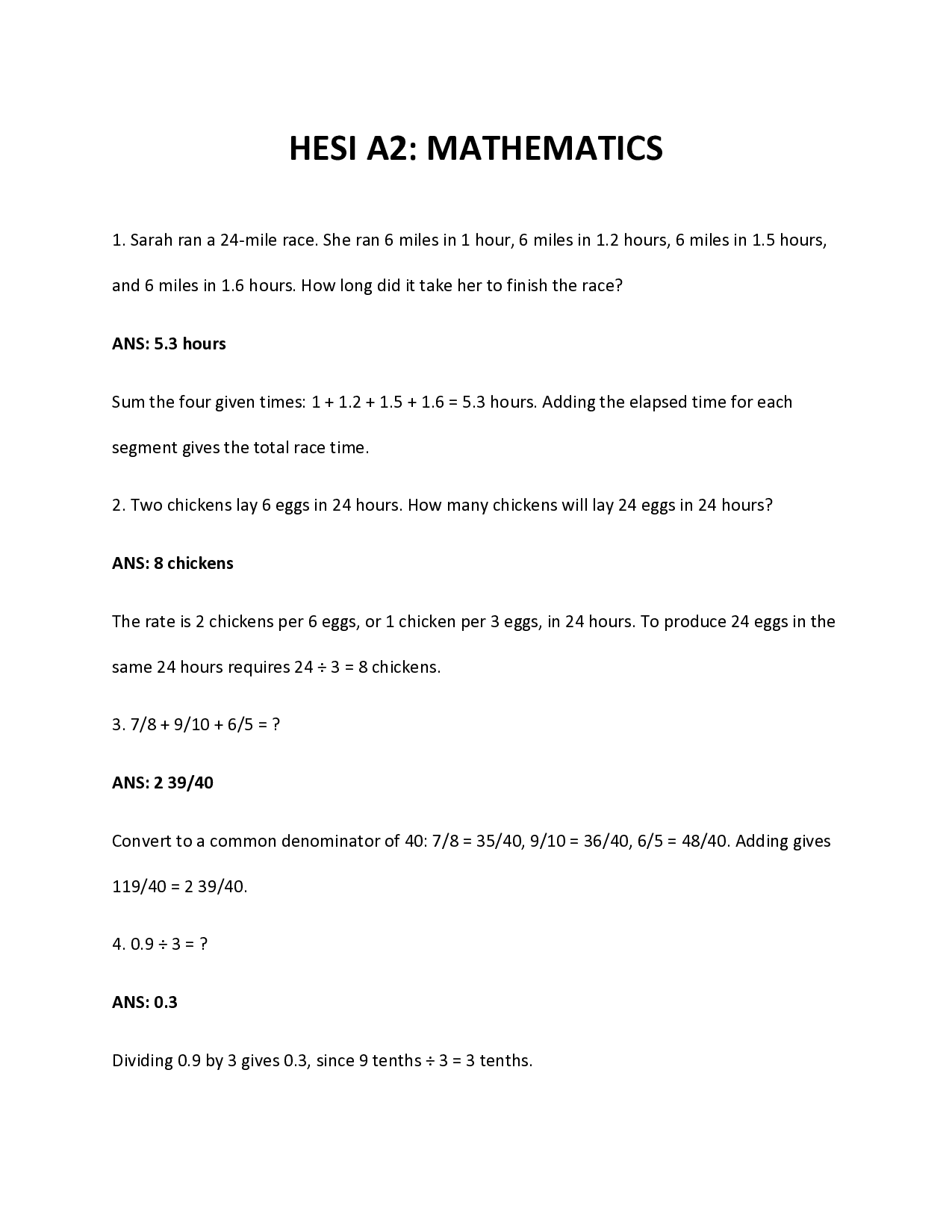 HESI A2 Mathematics Practice Questions