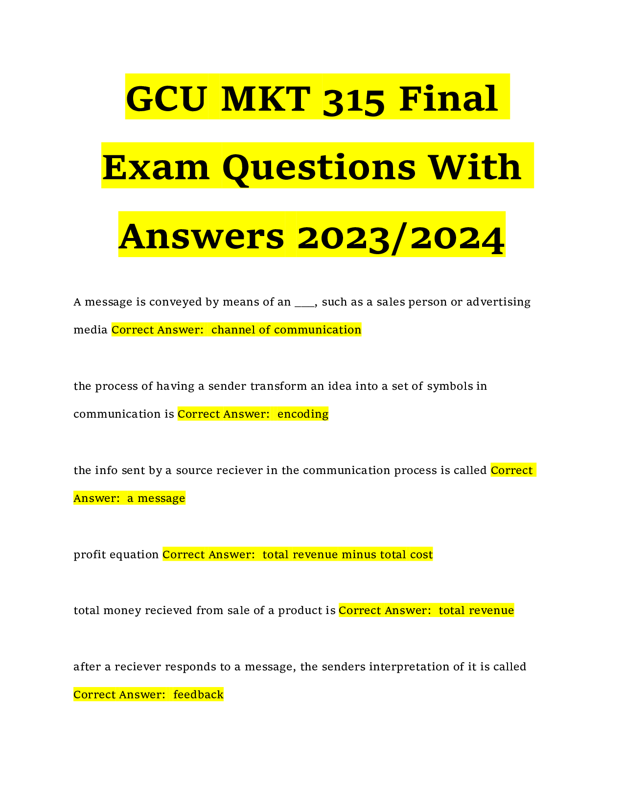 GCU MKT 315 Final Exam Practice Questions and Answers