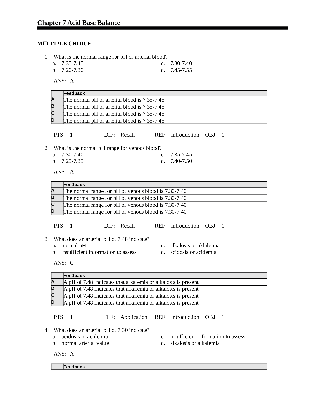 Acid-Base Balance and Regulation Test Bank