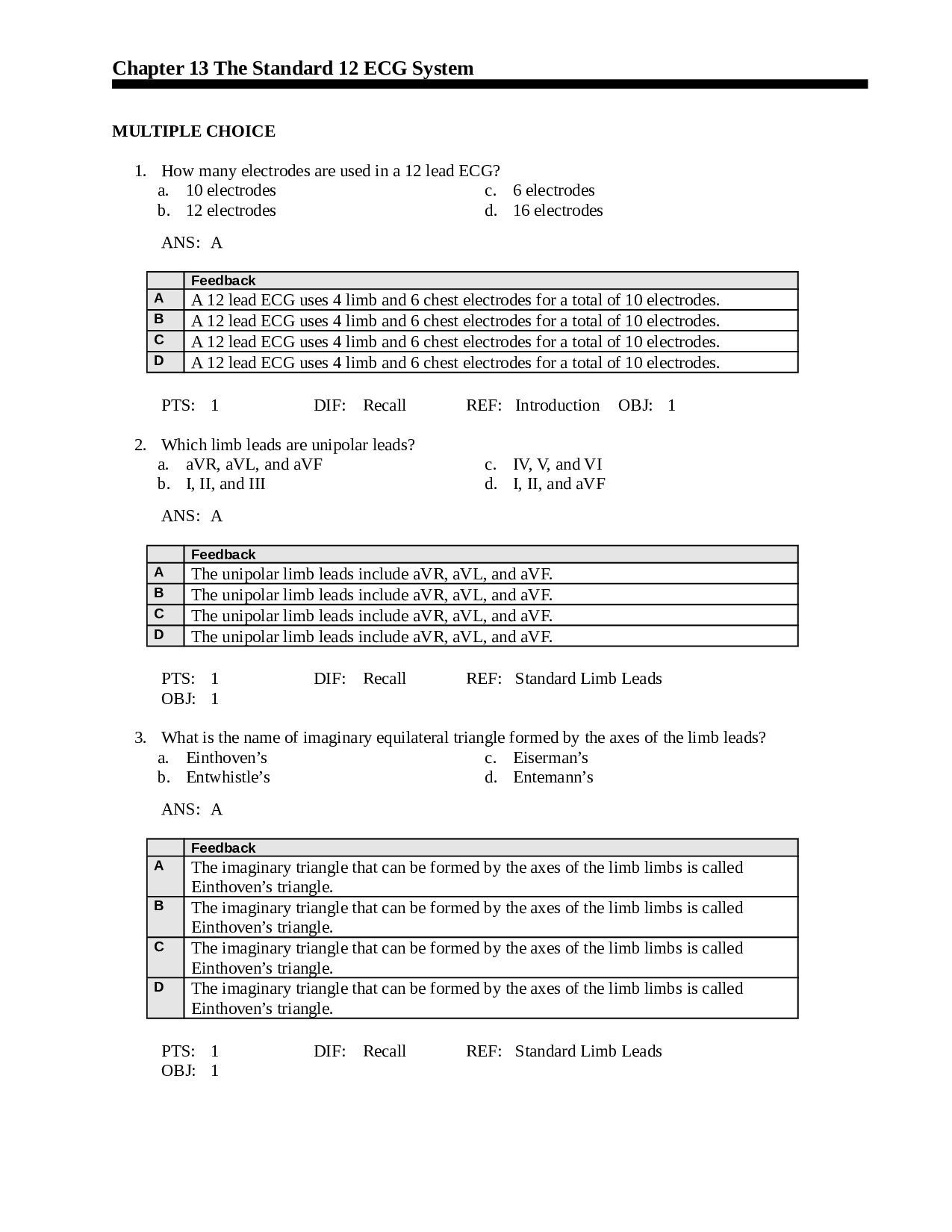The Standard 12 ECG System Chapter 13 Test Bank