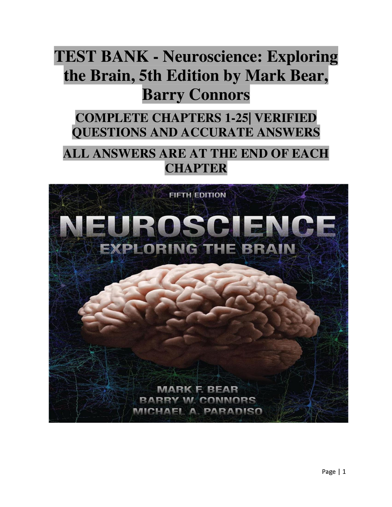 Neuroscience: Exploring the Brain, 5th Edition Test Bank