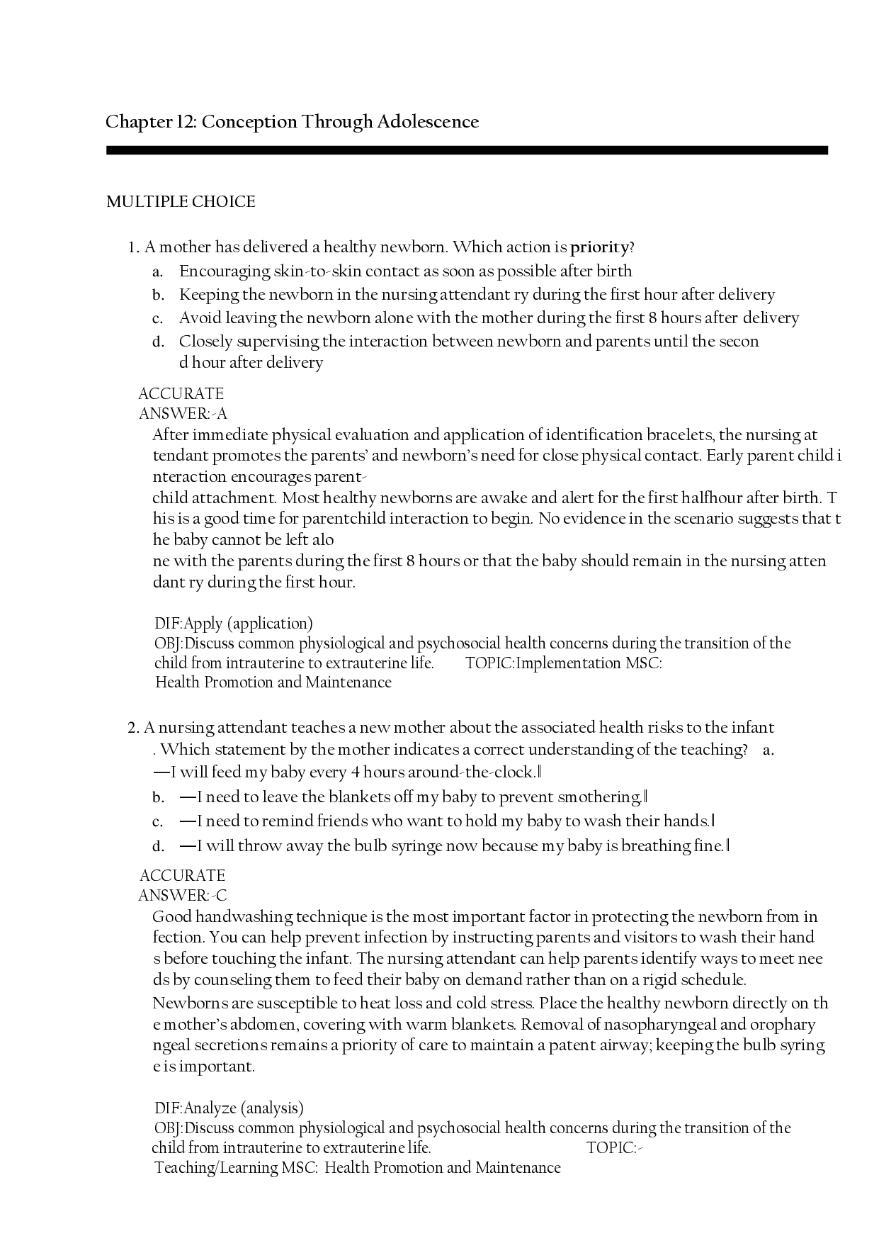 Nursing Care: Conception Through Adolescence Test Bank