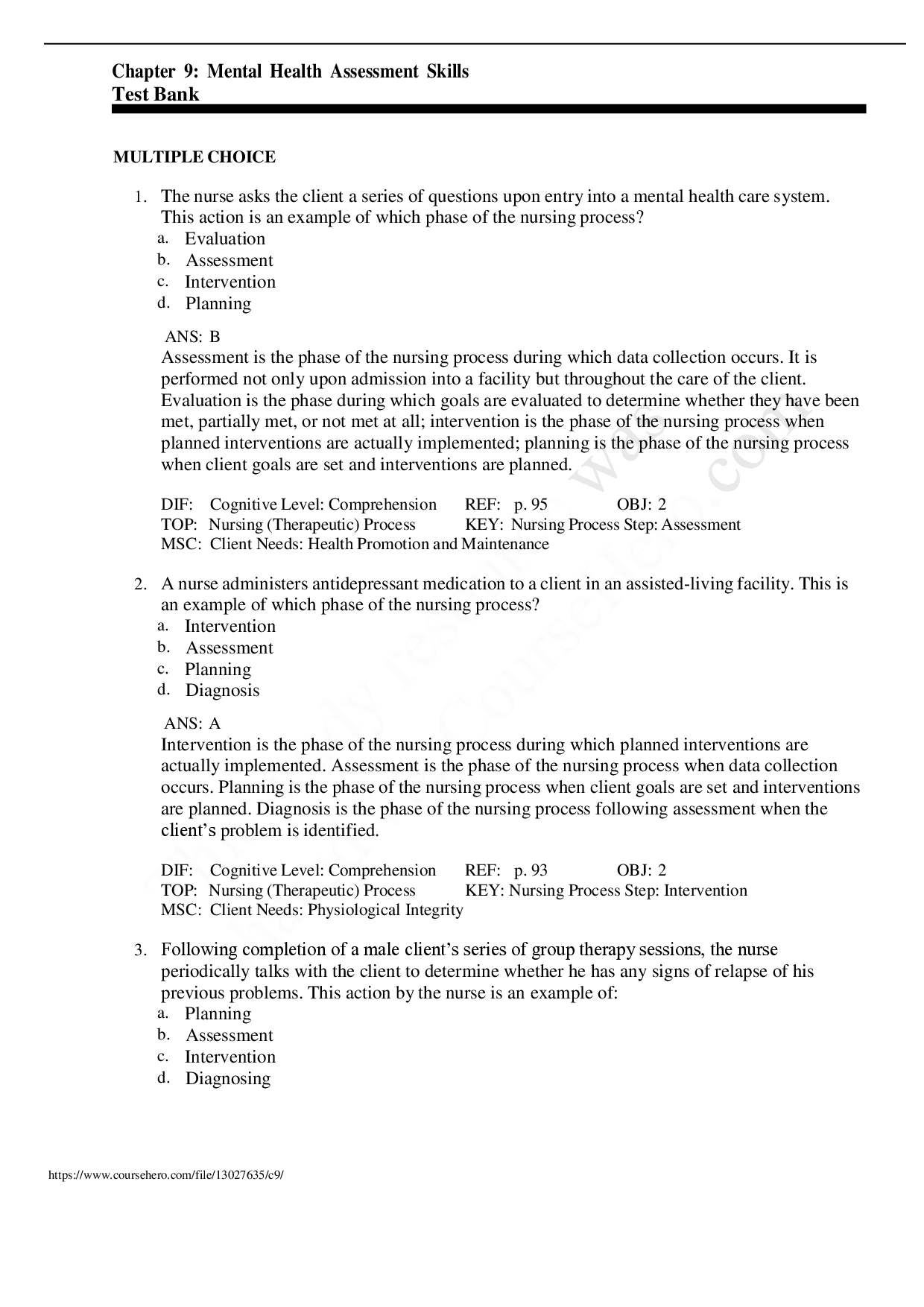 Mental Health Assessment Skills Chapter 9 Test Bank