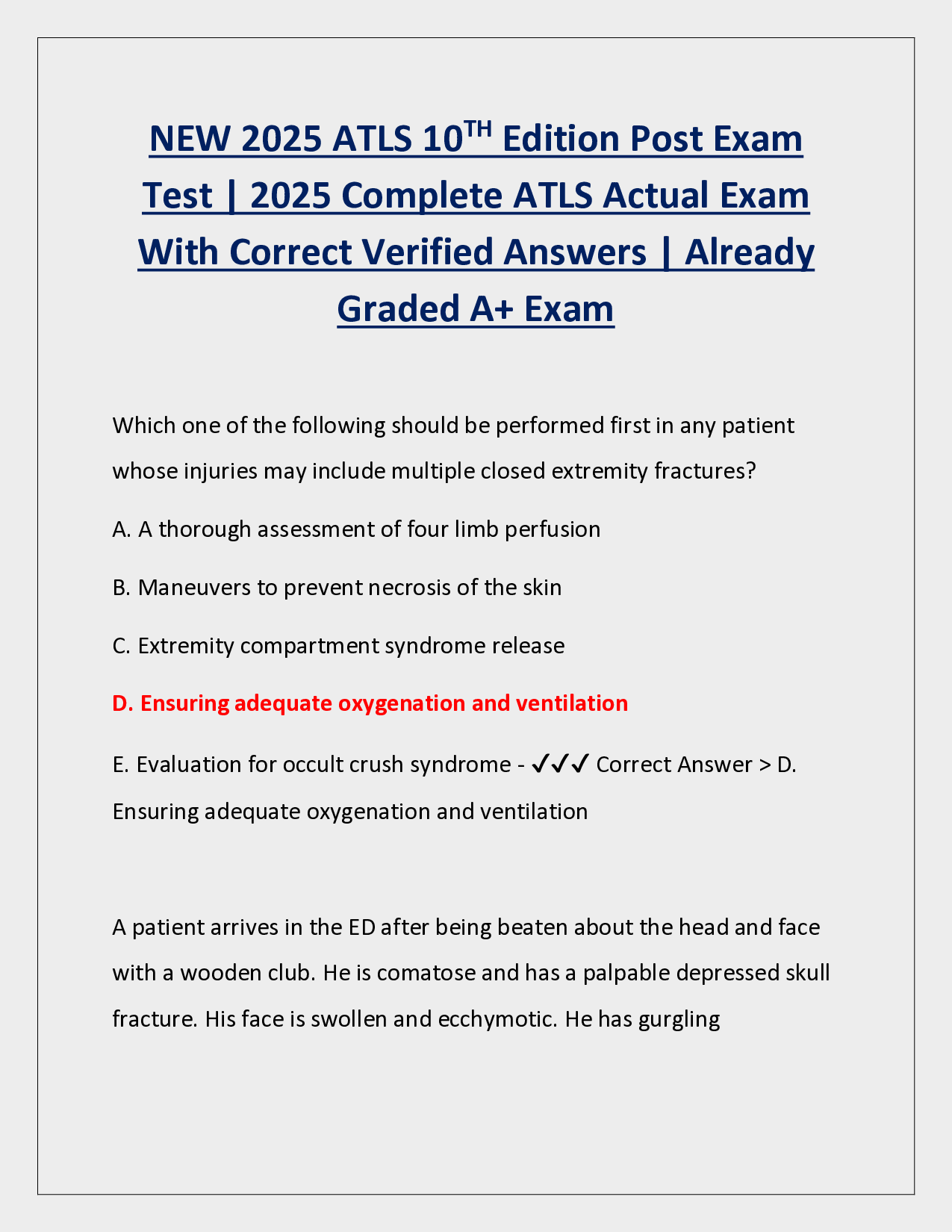 ATLS 10th Edition Post Exam 2025