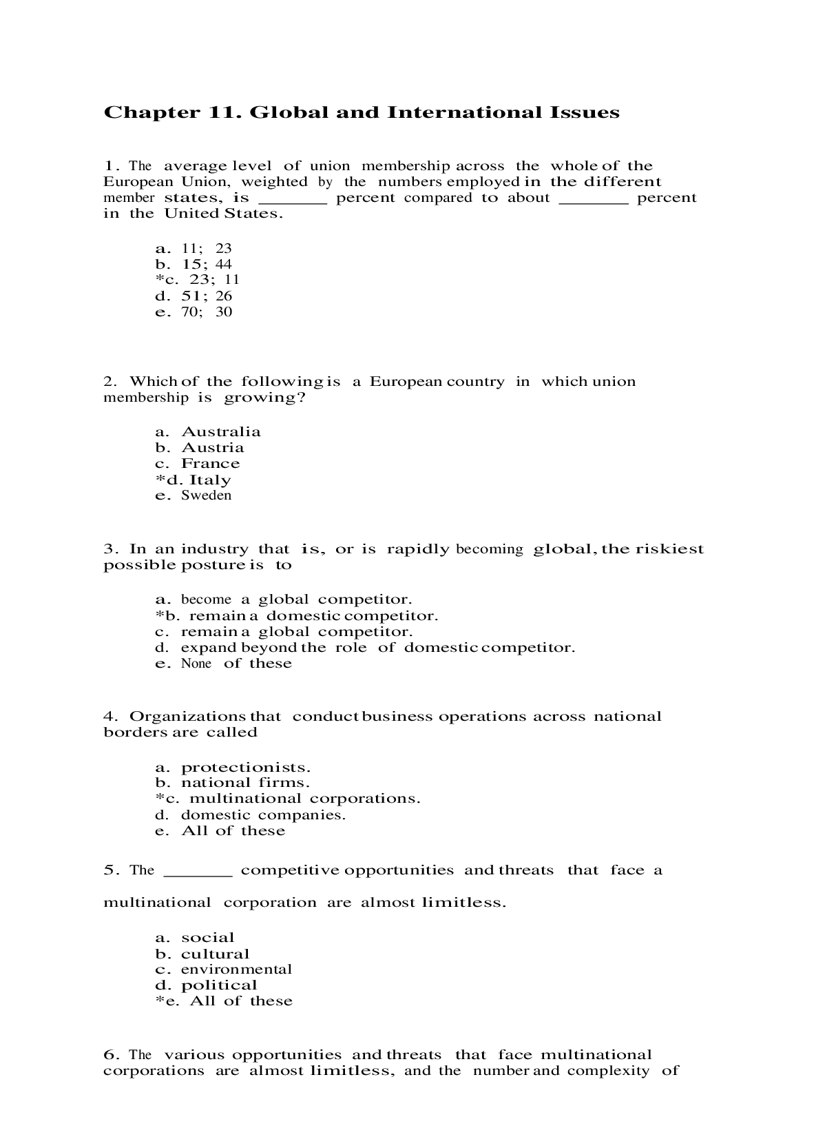 Global and International Issues Chapter 11 Test Bank