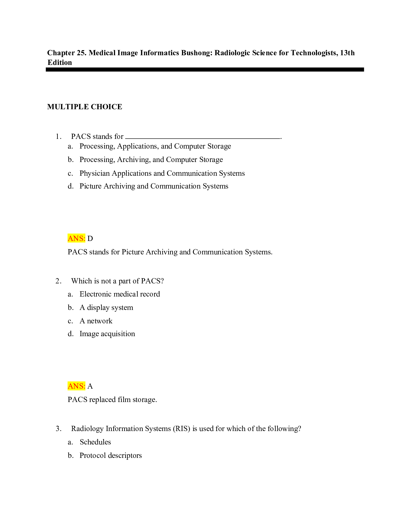 Bushong's Radiologic Science for Technologists, 13th Edition Test Bank - Chapter 25