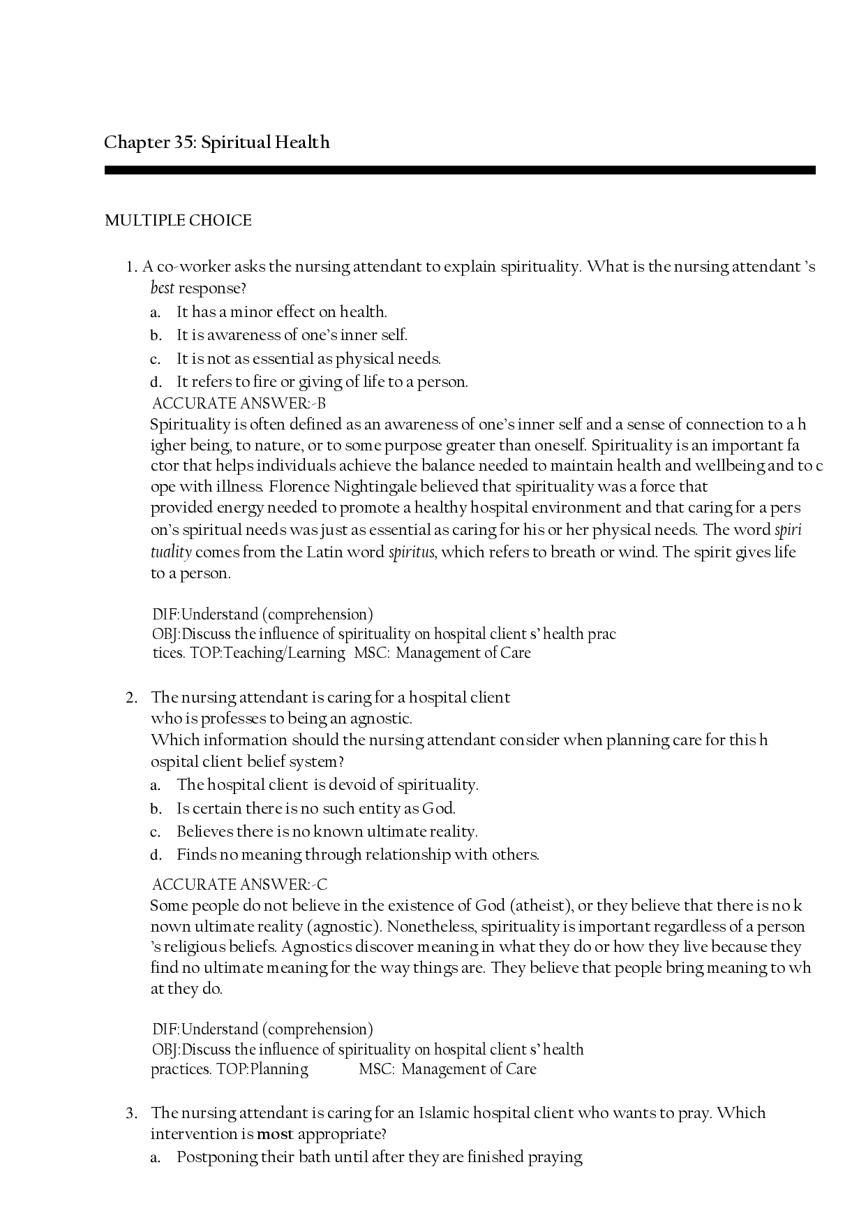 Spiritual Health Nursing Practice Questions